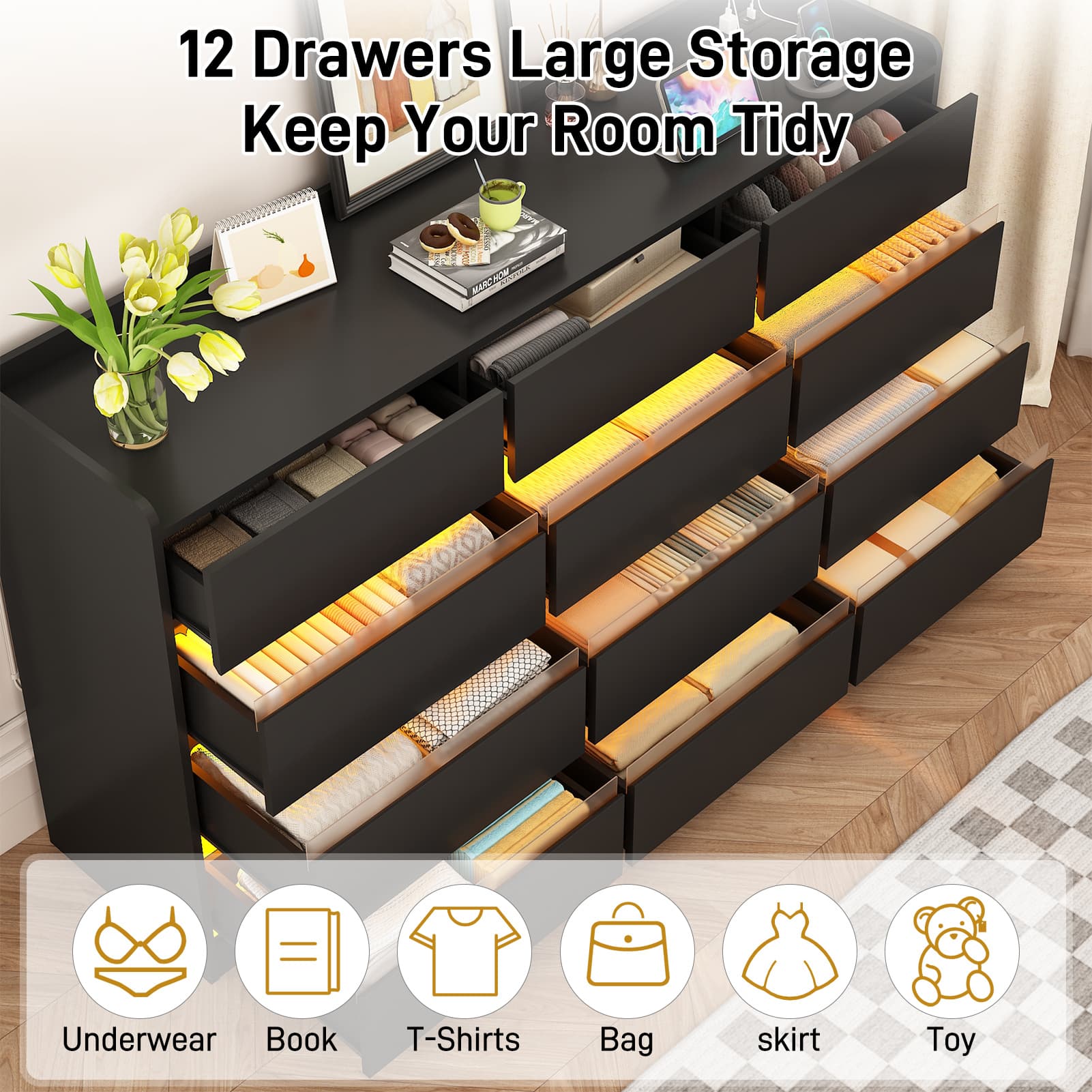 6/9/12 Drawers Dresser for Bedroom with Power Outlet