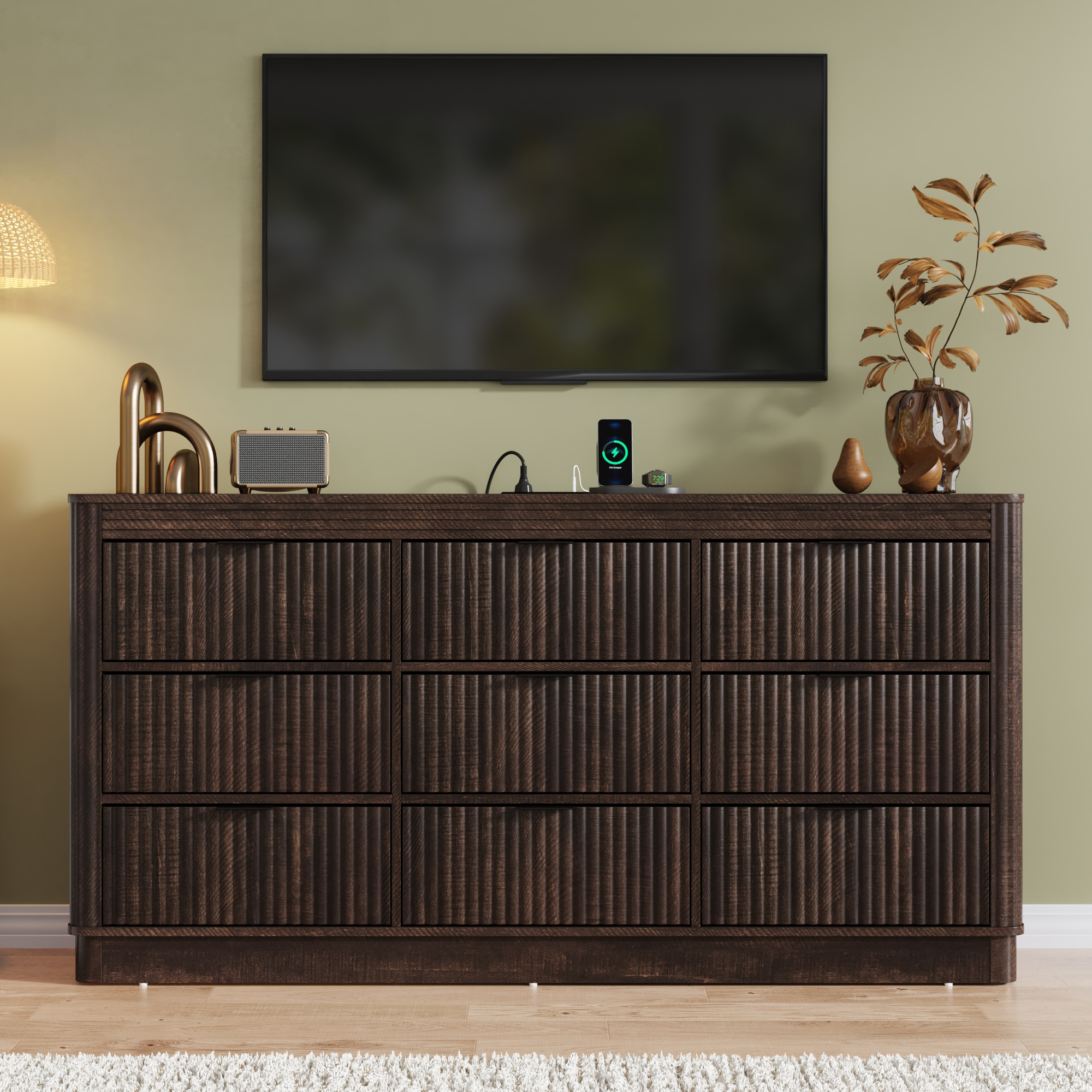 Blotout Fluted 9 Drawers Dresser for Bedroom, 63'' Wide Chest of Drawers with Power Outlet&Metal Handle, Fluted Fronts, Modern Dresser TV Stand, Wood Clothes Storage Organizer for Living Room, Hallway