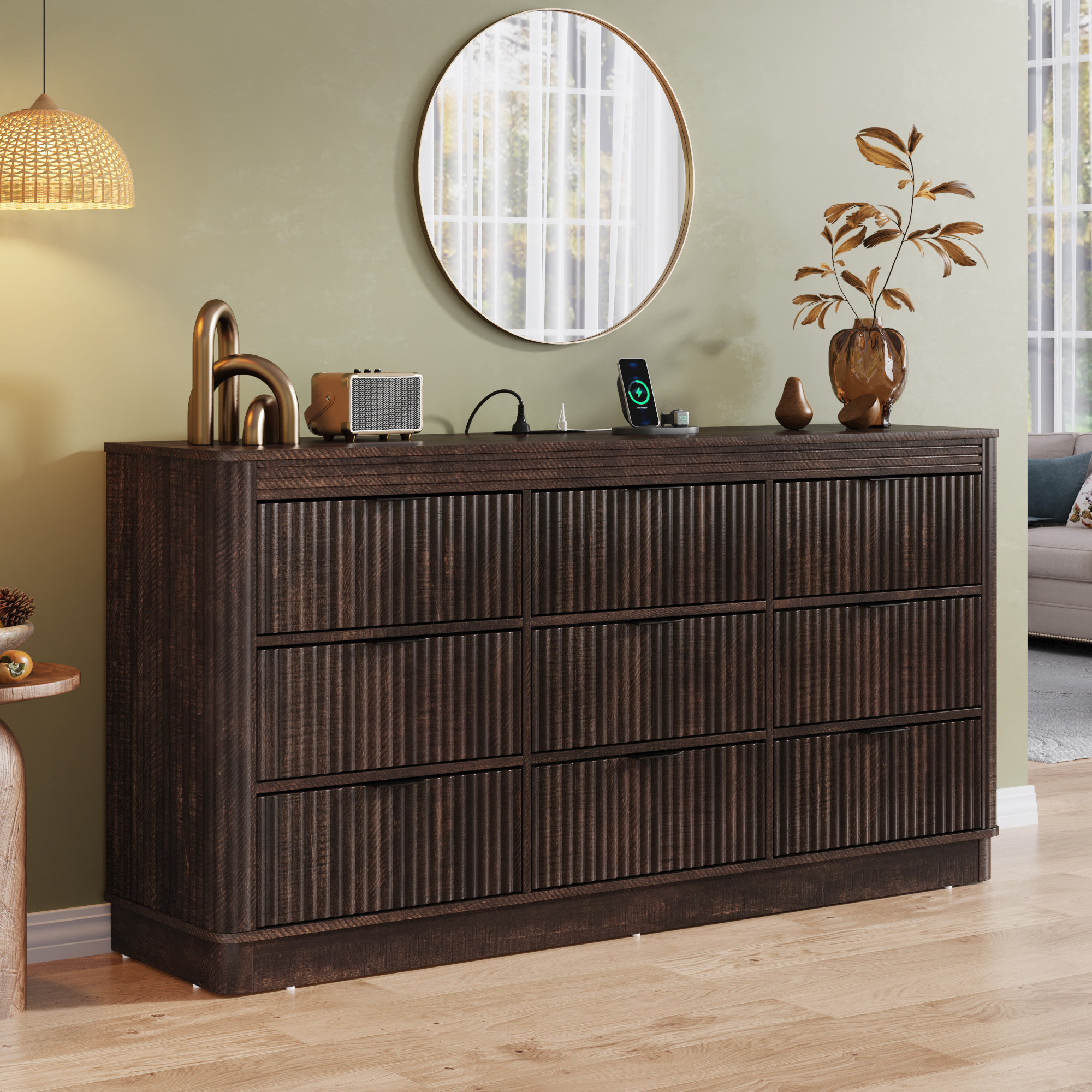 Blotout Fluted 9 Drawers Dresser for Bedroom, 63'' Wide Chest of Drawers with Power Outlet&Metal Handle, Fluted Fronts, Modern Dresser TV Stand, Wood Clothes Storage Organizer for Living Room, Hallway