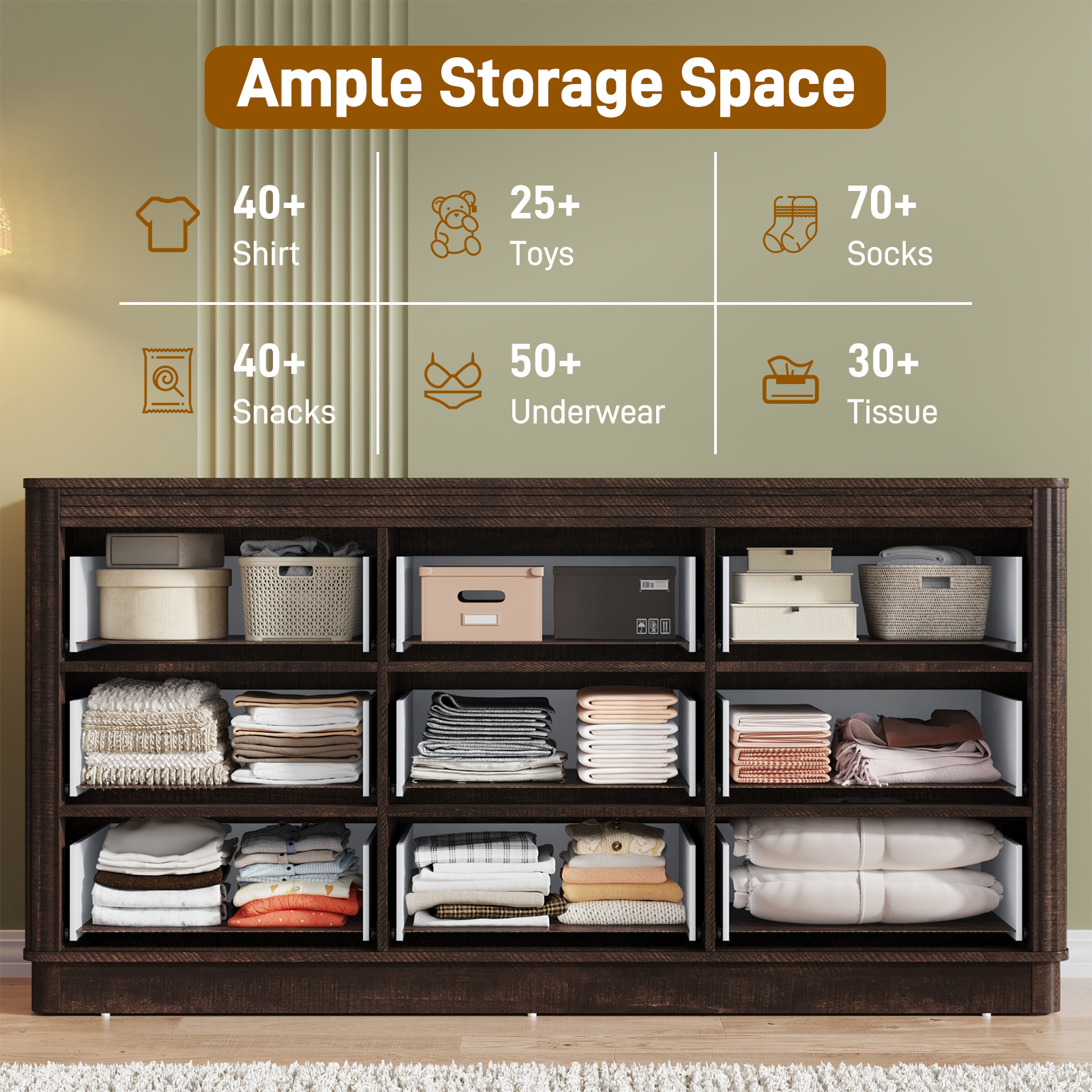 Blotout Fluted 9 Drawers Dresser for Bedroom, 63'' Wide Chest of Drawers with Power Outlet&Metal Handle, Fluted Fronts, Modern Dresser TV Stand, Wood Clothes Storage Organizer for Living Room, Hallway