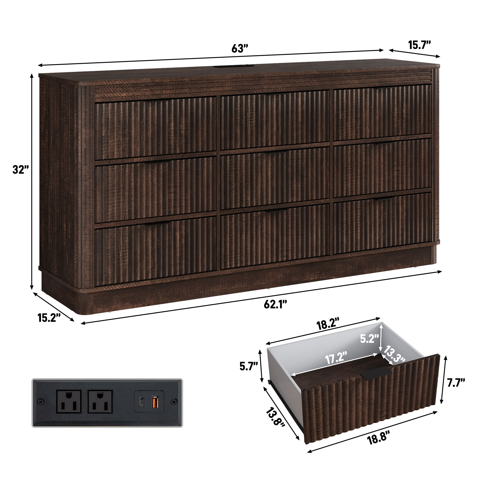 Blotout Fluted 9 Drawers Dresser for Bedroom, 63'' Wide Chest of Drawers with Power Outlet&Metal Handle, Fluted Fronts, Modern Dresser TV Stand, Wood Clothes Storage Organizer for Living Room, Hallway