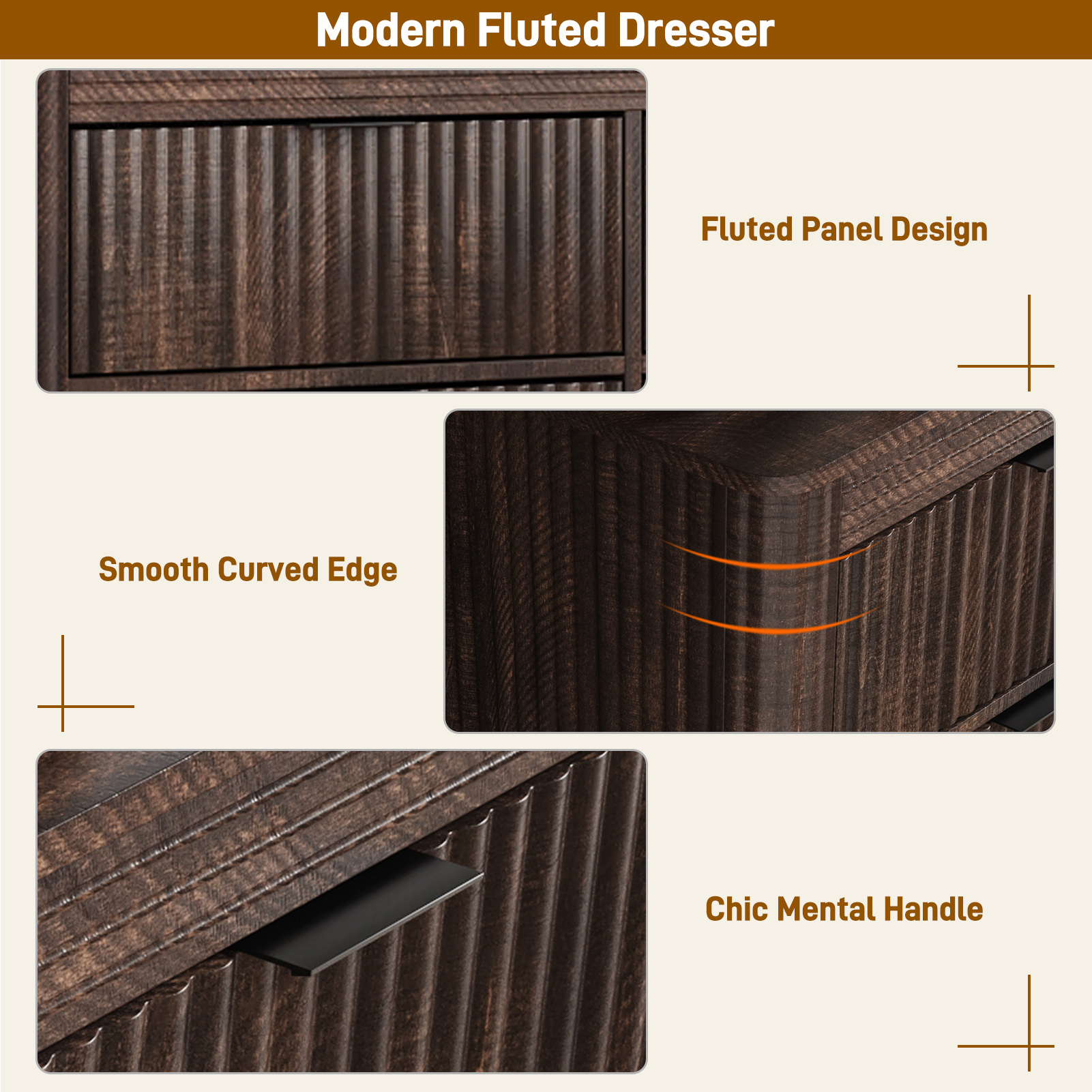 Blotout Fluted 9 Drawers Dresser for Bedroom, 63'' Wide Chest of Drawers with Power Outlet&Metal Handle, Fluted Fronts, Modern Dresser TV Stand, Wood Clothes Storage Organizer for Living Room, Hallway