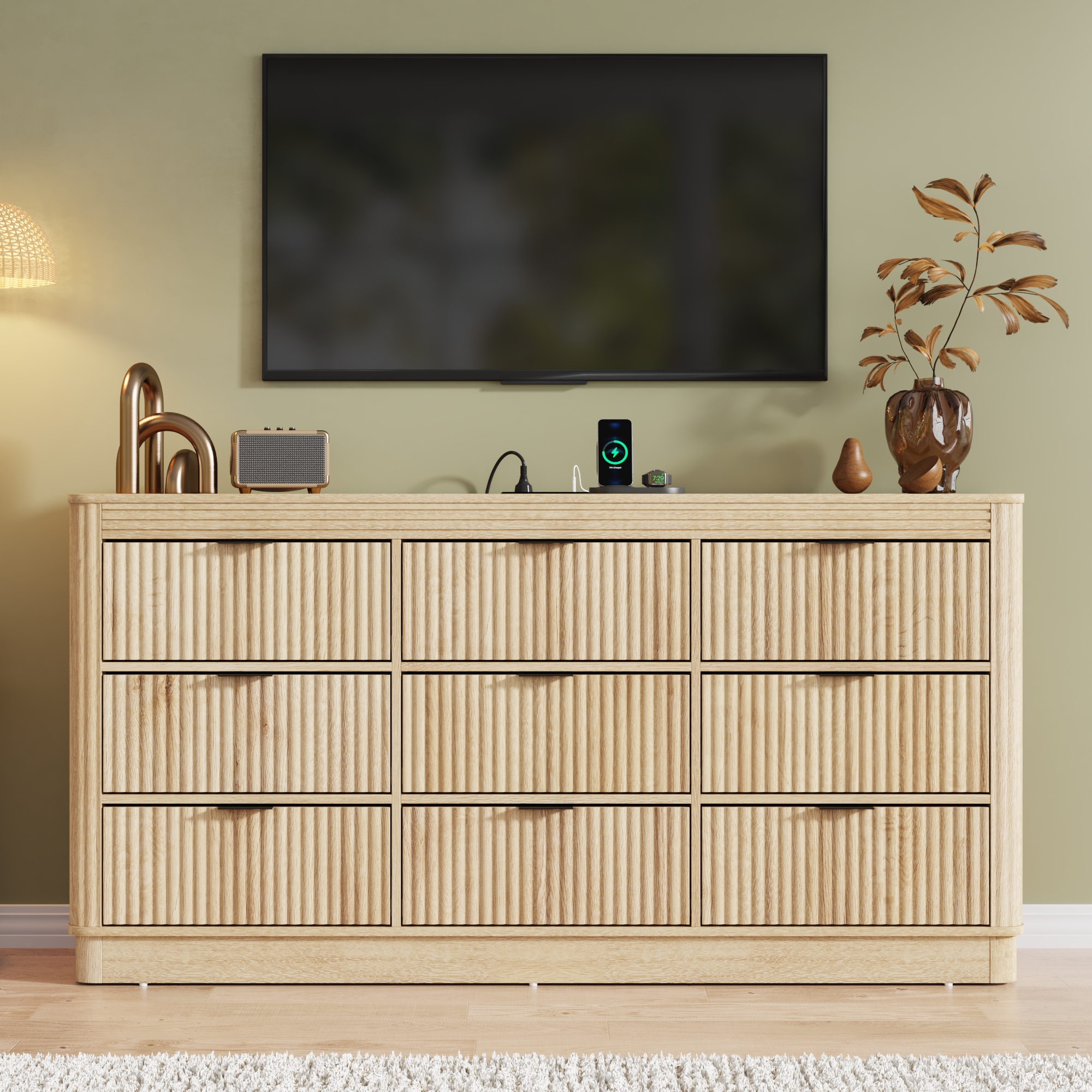 Blotout Fluted 9 Drawers Dresser for Bedroom, 63'' Wide Chest of Drawers with Power Outlet&Metal Handle, Fluted Fronts, Modern Dresser TV Stand, Wood Clothes Storage Organizer for Living Room, Hallway