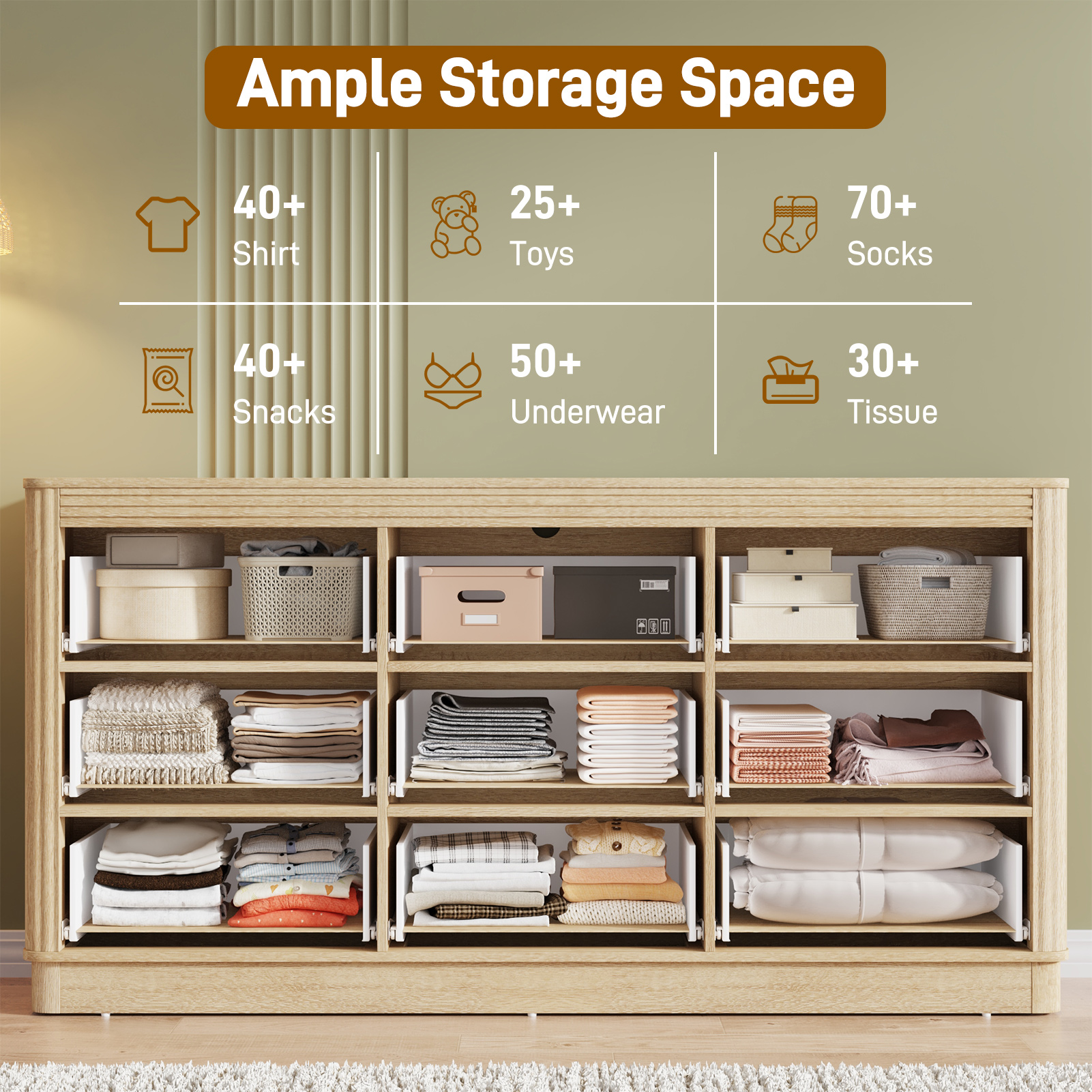 Blotout Fluted 9 Drawers Dresser for Bedroom, 63'' Wide Chest of Drawers with Power Outlet&Metal Handle, Fluted Fronts, Modern Dresser TV Stand, Wood Clothes Storage Organizer for Living Room, Hallway