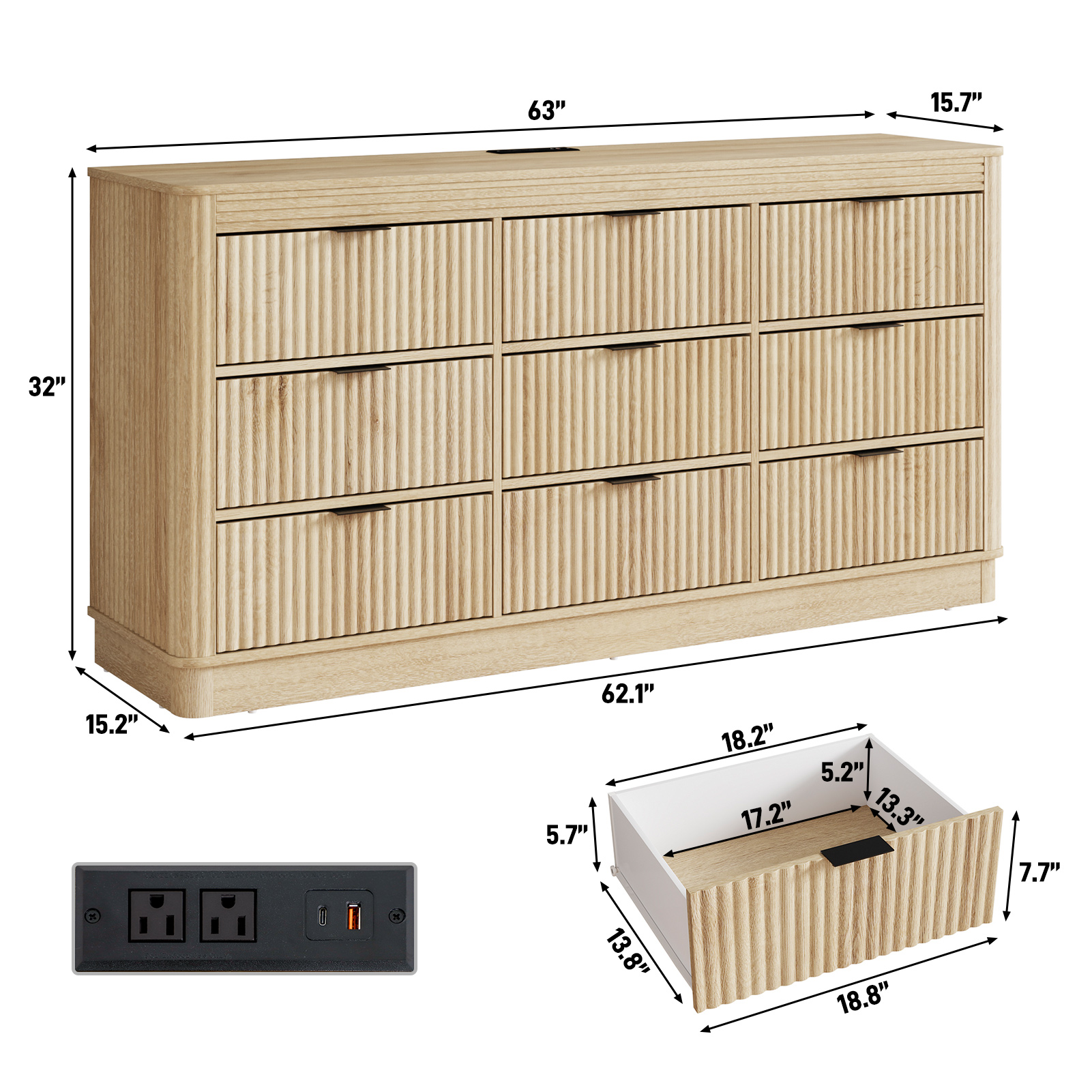Blotout Fluted 9 Drawers Dresser for Bedroom, 63'' Wide Chest of Drawers with Power Outlet&Metal Handle, Fluted Fronts, Modern Dresser TV Stand, Wood Clothes Storage Organizer for Living Room, Hallway