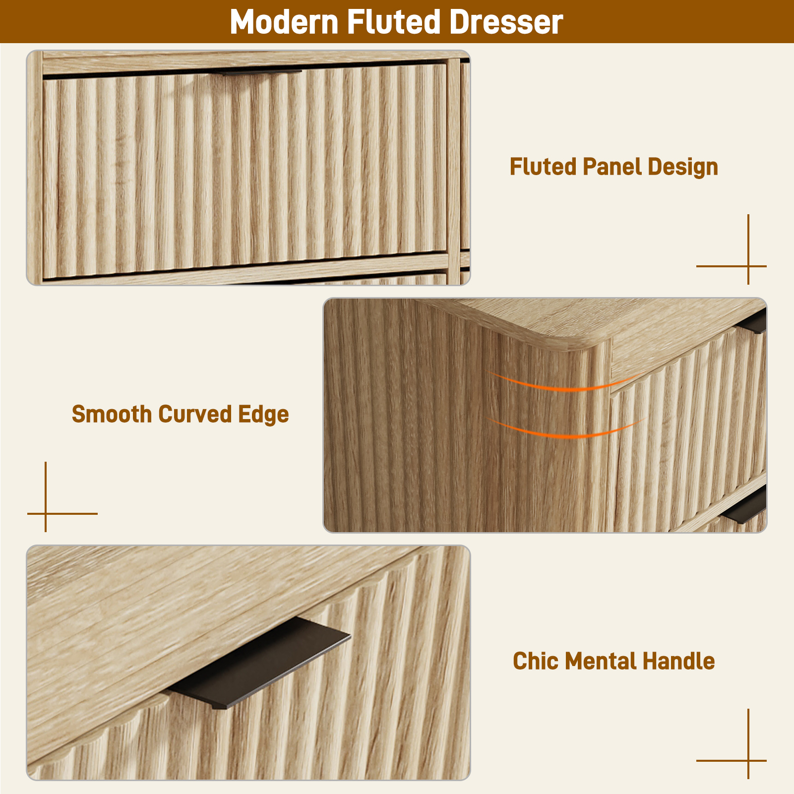 Blotout Fluted 9 Drawers Dresser for Bedroom, 63'' Wide Chest of Drawers with Power Outlet&Metal Handle, Fluted Fronts, Modern Dresser TV Stand, Wood Clothes Storage Organizer for Living Room, Hallway