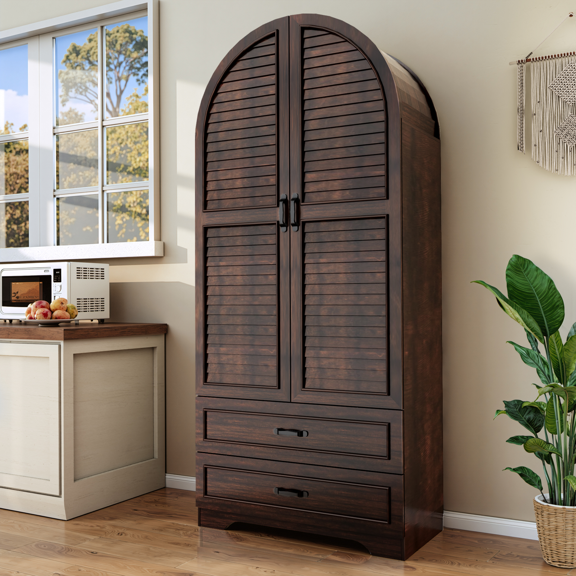 Blotout Farmhouse Arched Kitchen Pantry Storage Cabinet with Shutters Doors, 71-Inch Tall Wood Adjustable Shelves, 2 Doors, 2 Drawers