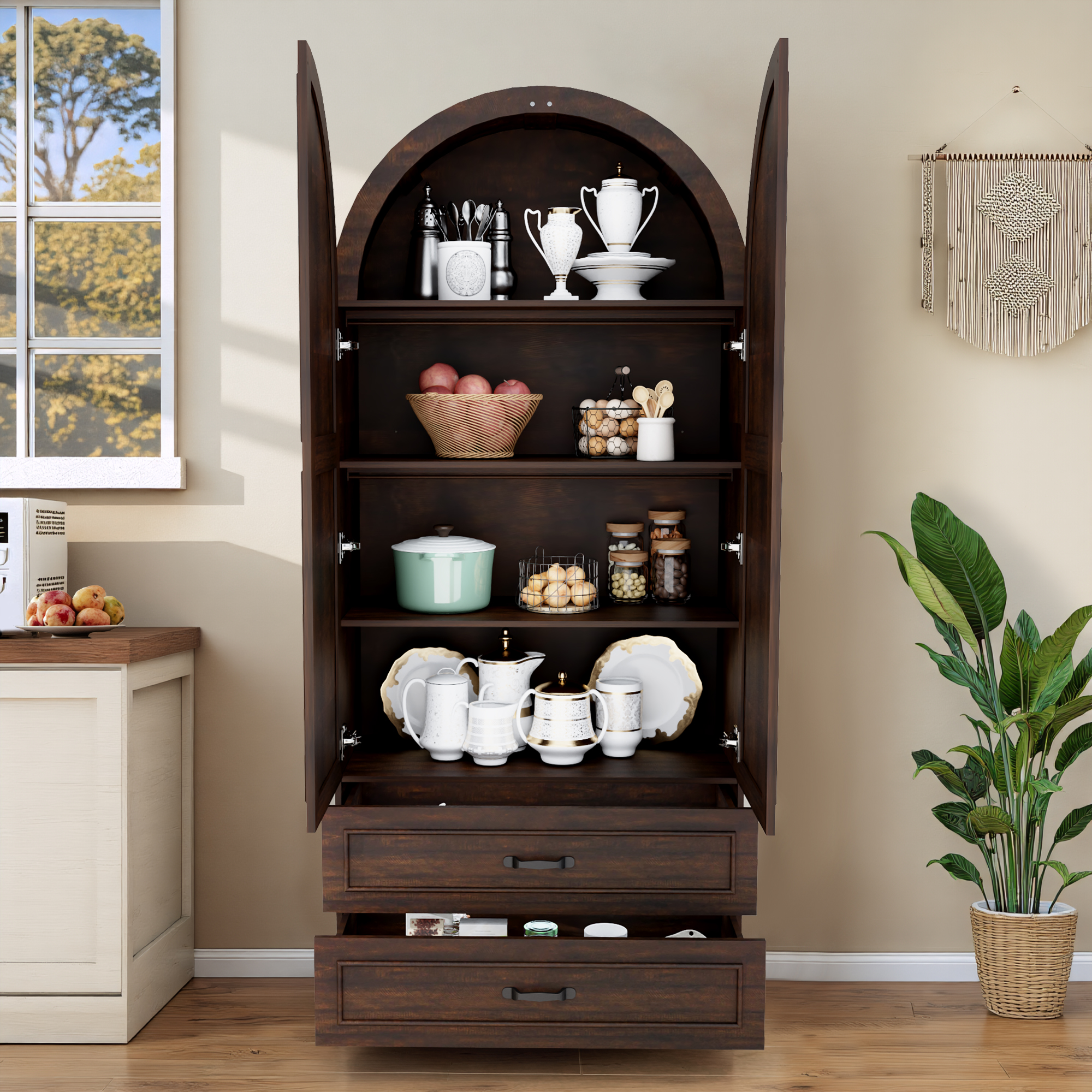 Blotout Farmhouse Arched Kitchen Pantry Storage Cabinet with Shutters Doors, 71-Inch Tall Wood Adjustable Shelves, 2 Doors, 2 Drawers