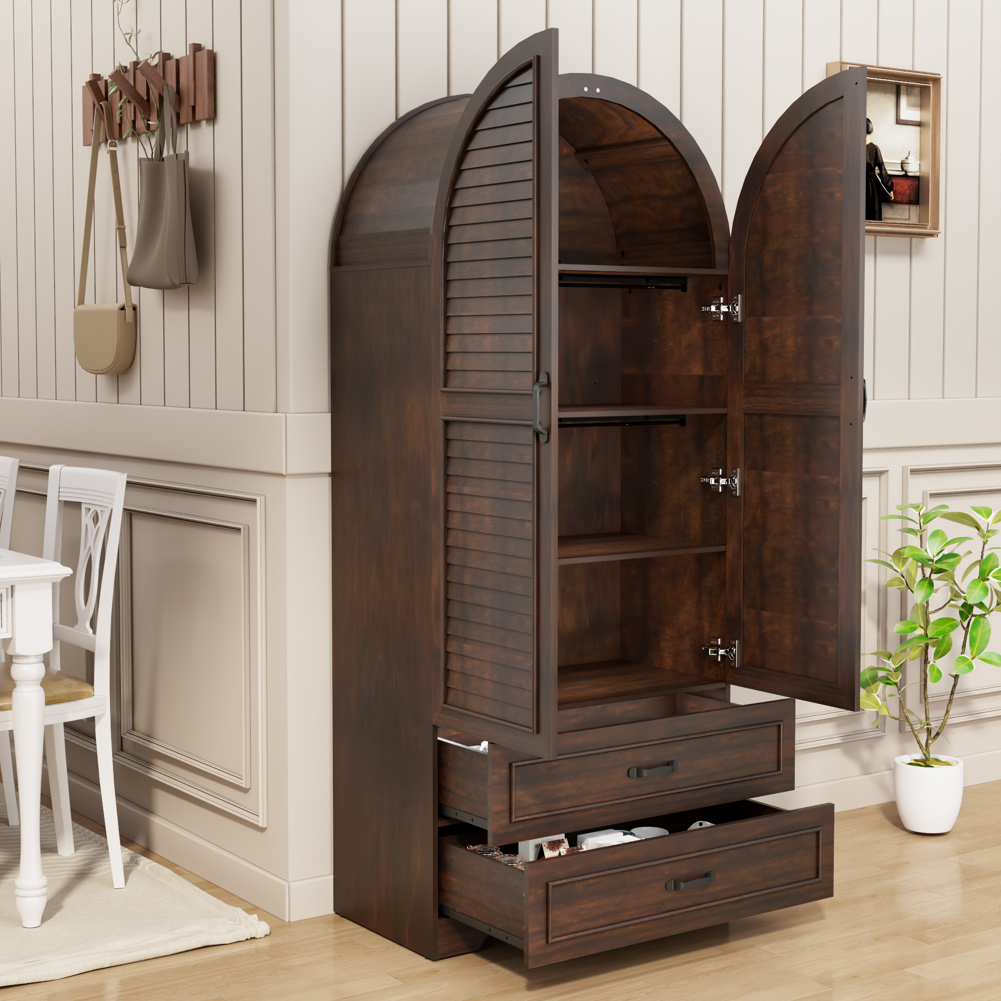 Blotout Farmhouse Arched Kitchen Pantry Storage Cabinet with Shutters Doors, 71-Inch Tall Wood Adjustable Shelves, 2 Doors, 2 Drawers