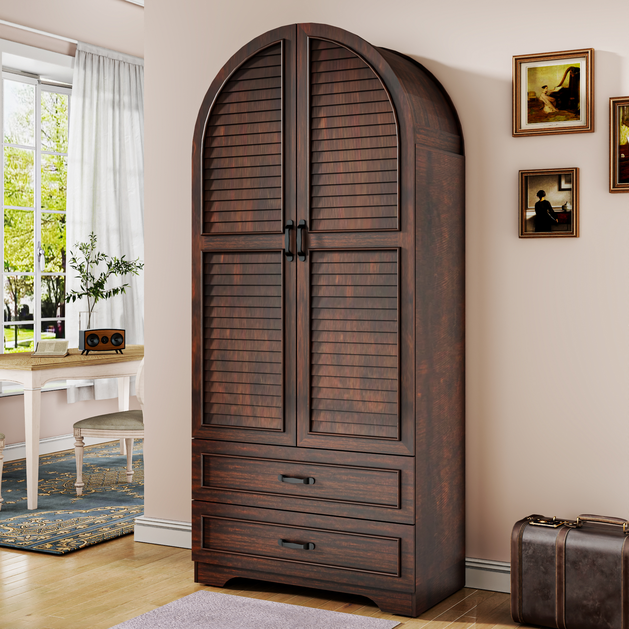 Blotout Farmhouse Arched Kitchen Pantry Storage Cabinet with Shutters Doors, 71-Inch Tall Wood Adjustable Shelves, 2 Doors, 2 Drawers