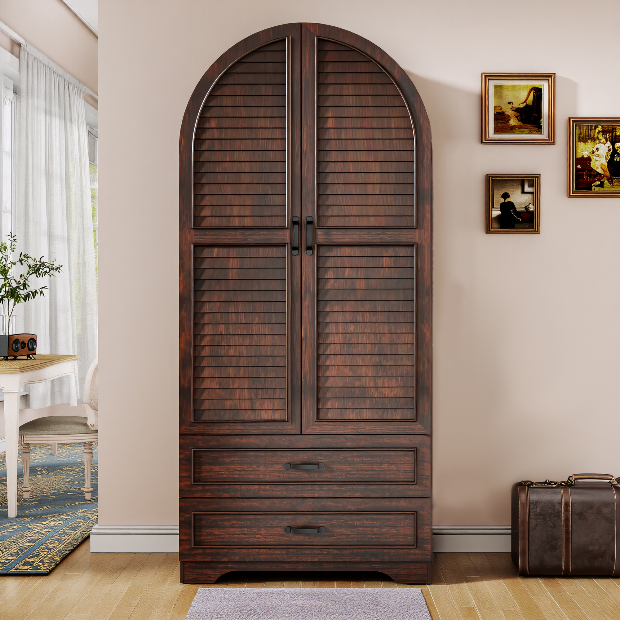 Blotout Farmhouse Arched Kitchen Pantry Storage Cabinet with Shutters Doors, 71-Inch Tall Wood Adjustable Shelves, 2 Doors, 2 Drawers