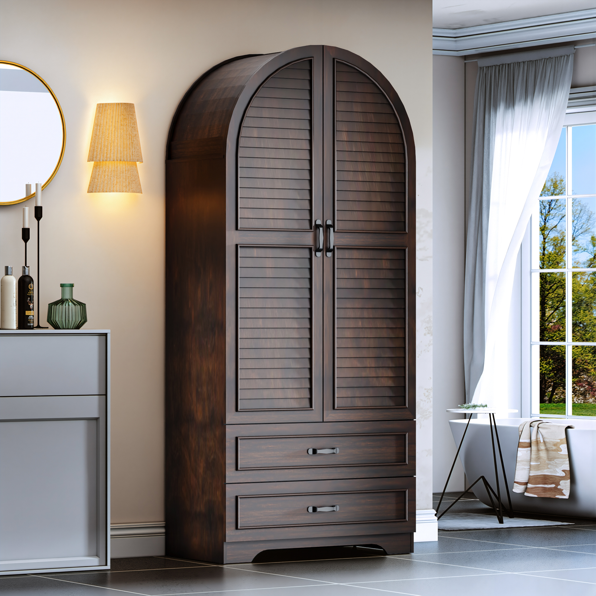 Blotout Farmhouse Arched Kitchen Pantry Storage Cabinet with Shutters Doors, 71-Inch Tall Wood Adjustable Shelves, 2 Doors, 2 Drawers