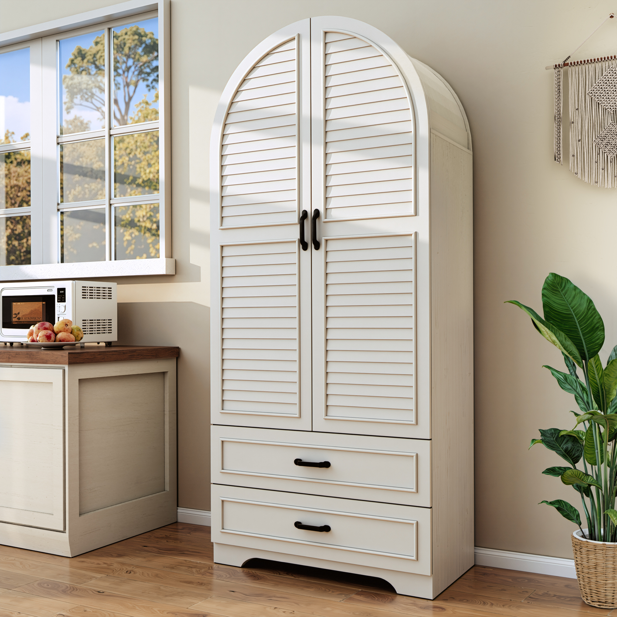 Blotout Farmhouse Arched Kitchen Pantry Storage Cabinet with Shutters Doors, 71-Inch Tall Wood Adjustable Shelves, 2 Doors, 2 Drawers