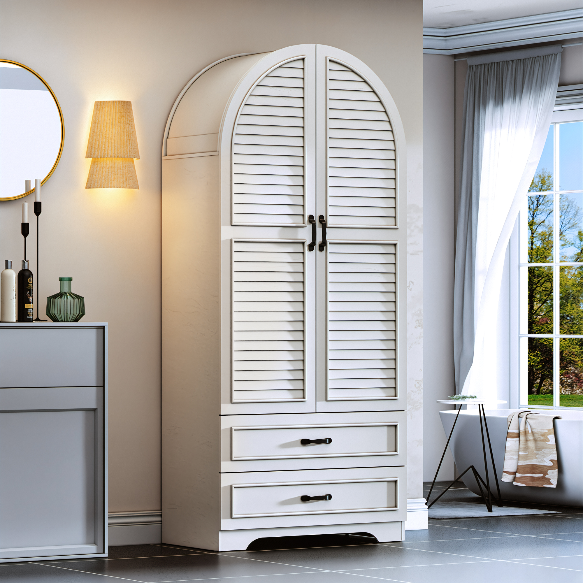 Blotout Farmhouse Arched Kitchen Pantry Storage Cabinet with Shutters Doors, 71-Inch Tall Wood Adjustable Shelves, 2 Doors, 2 Drawers