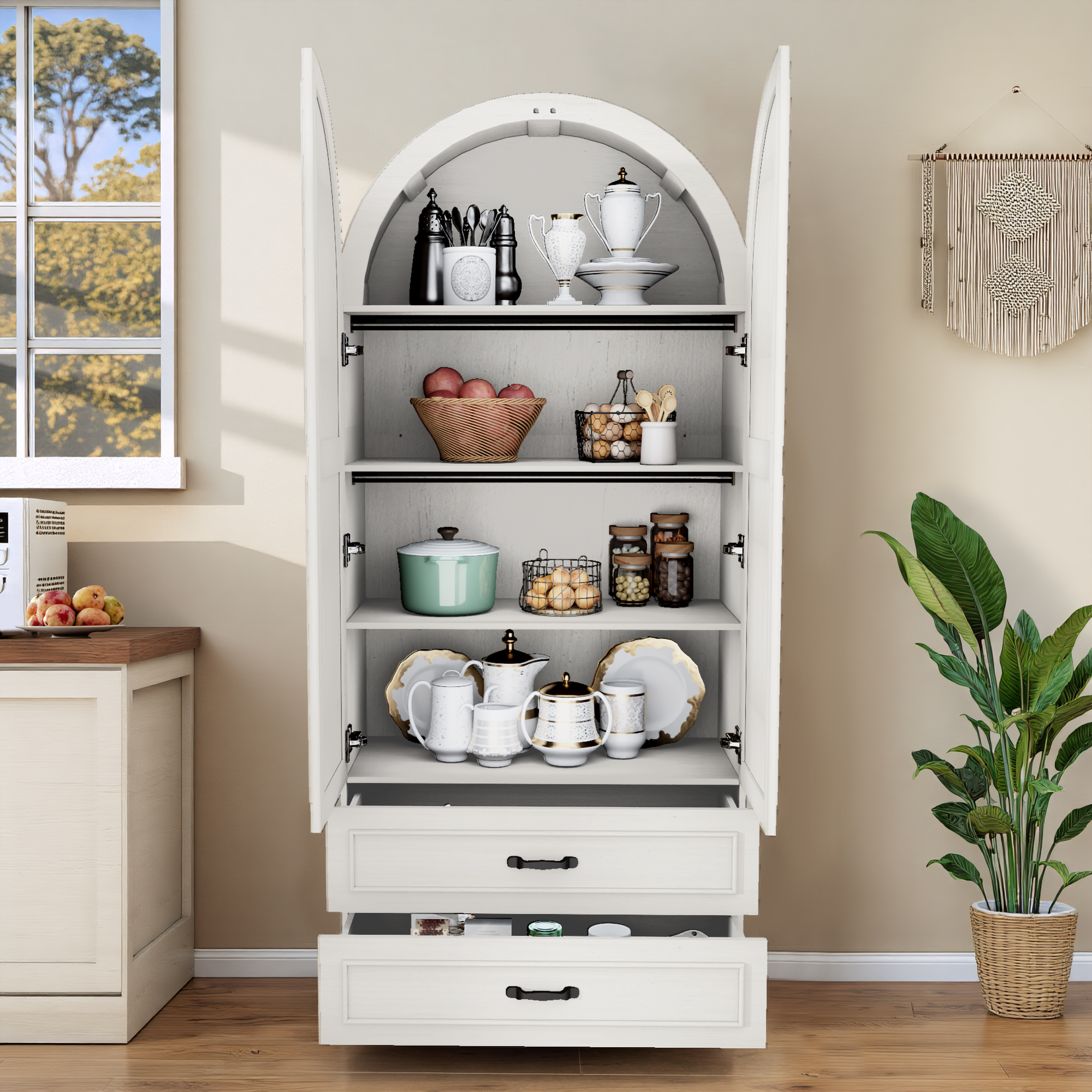 Blotout Farmhouse Arched Kitchen Pantry Storage Cabinet with Shutters Doors, 71-Inch Tall Wood Adjustable Shelves, 2 Doors, 2 Drawers
