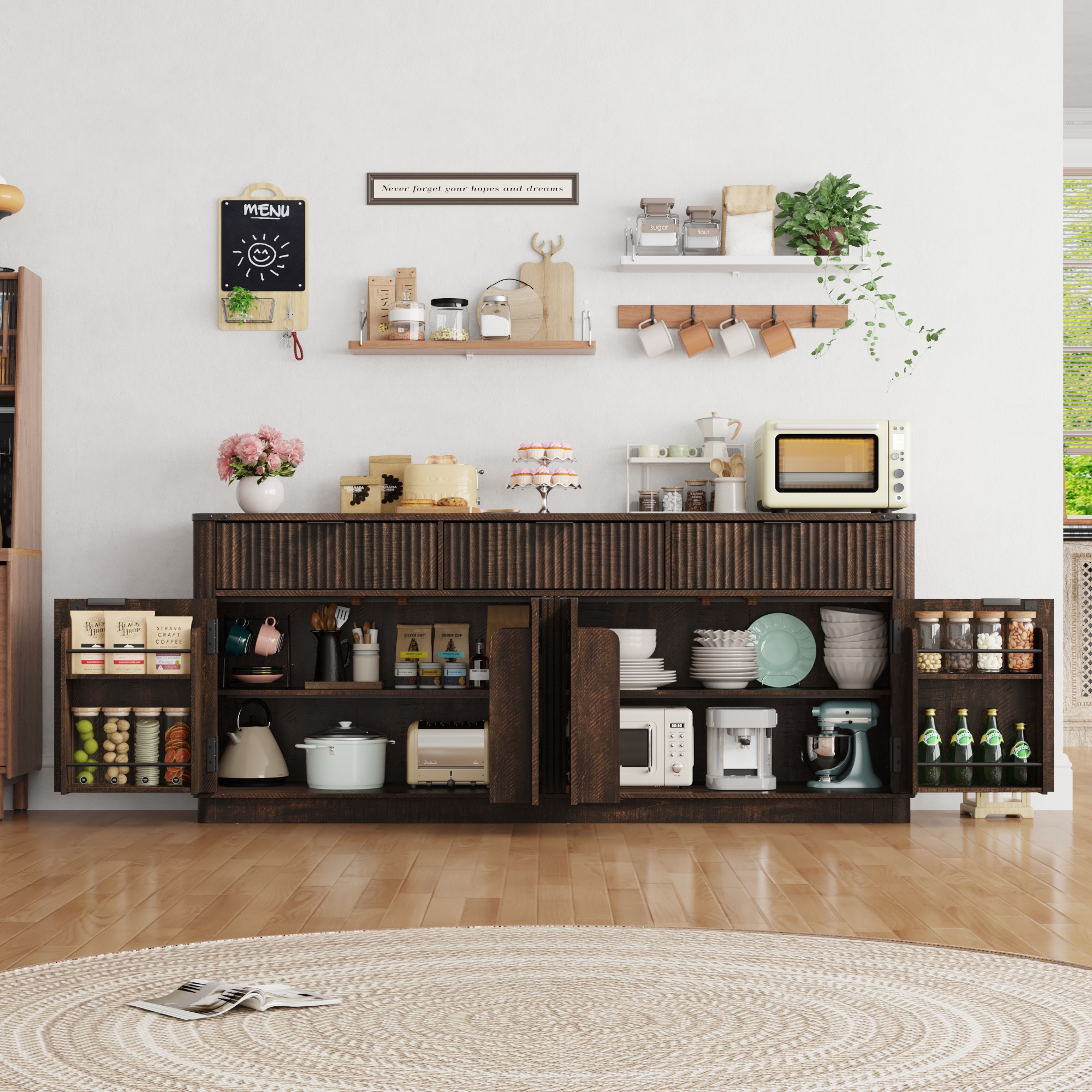 Blotout 70" Fluted Buffet Cabinet Sideboard with Storage, Large Credenza with 3 Drawers, 4 Doors and Shelves, Wood Modern Farmhouse Sideboard for Kitchen and Living Room