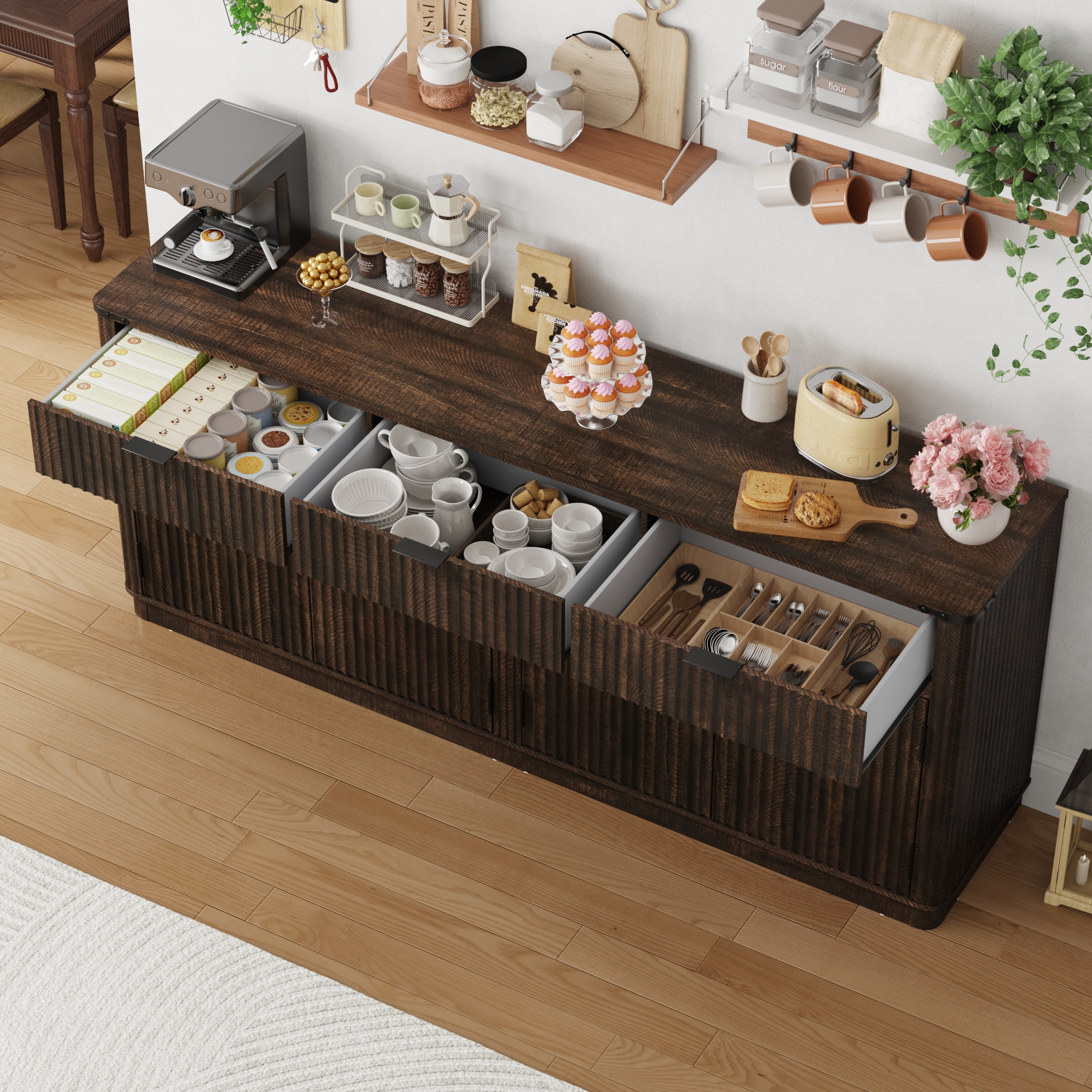 Blotout 70" Fluted Buffet Cabinet Sideboard with Storage, Large Credenza with 3 Drawers, 4 Doors and Shelves, Wood Modern Farmhouse Sideboard for Kitchen and Living Room