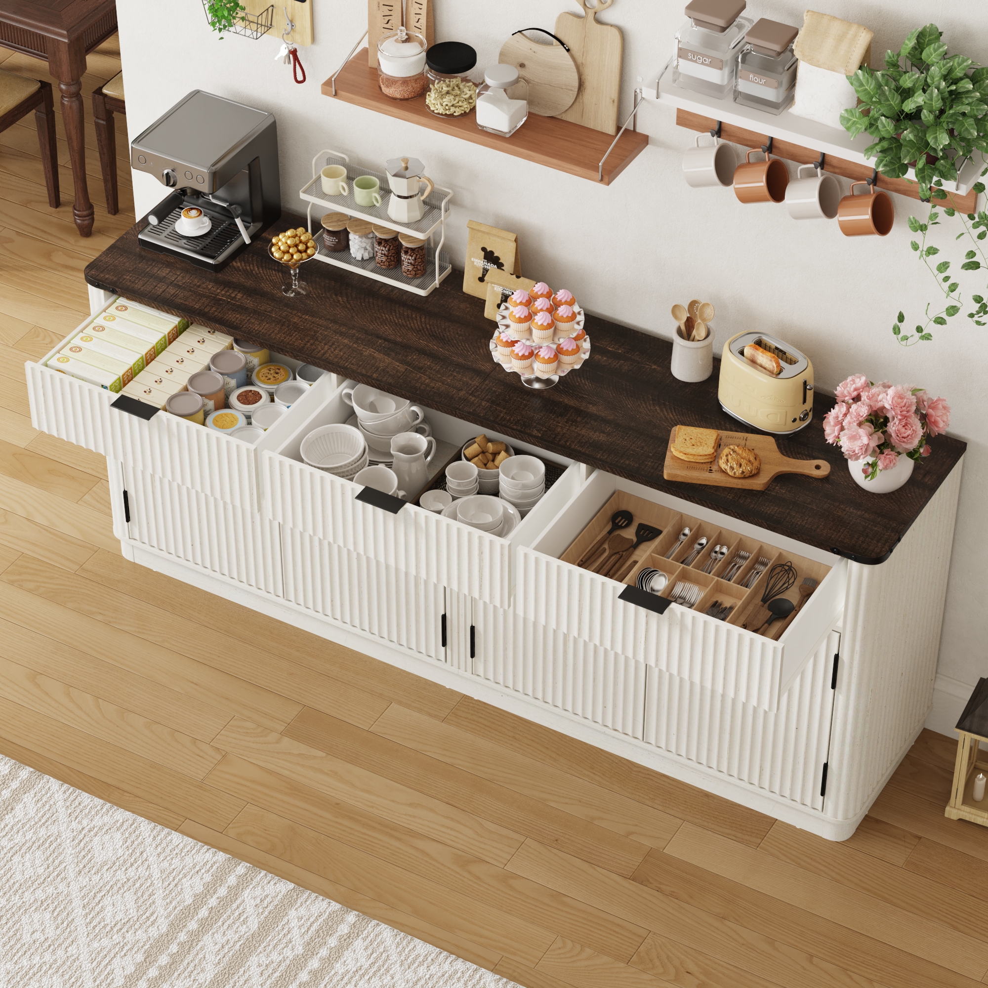 Blotout 70" Fluted Buffet Cabinet Sideboard with Storage, Large Credenza with 3 Drawers, 4 Doors and Shelves, Wood Modern Farmhouse Sideboard for Kitchen and Living Room