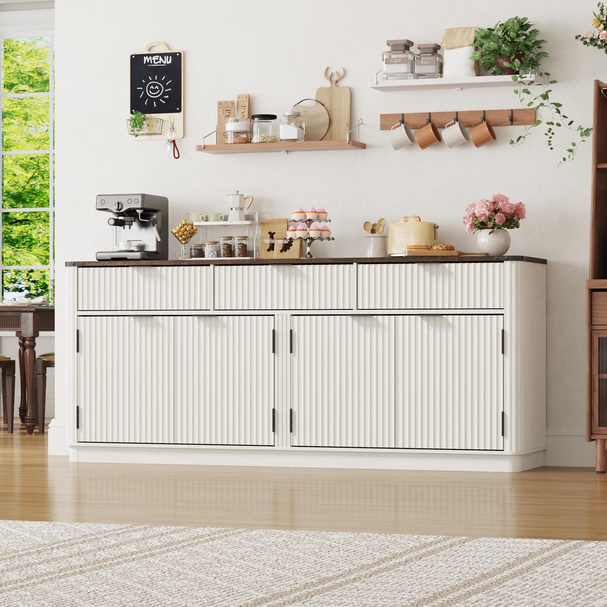 Blotout 70" Fluted Buffet Cabinet Sideboard with Storage, Large Credenza with 3 Drawers, 4 Doors and Shelves, Wood Modern Farmhouse Sideboard for Kitchen and Living Room