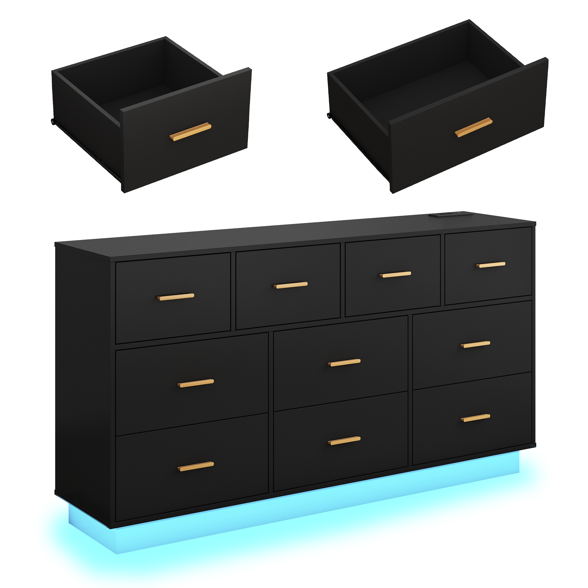 Blotout 10 Drawers Dresser w/Power Outlet, 60000 Colors Lights, 63''Long Wooden Dresser Chest w/Anti-toppling Design, Metal Handles Dresser for Living Room, Hallway, Entryway, Bedroom