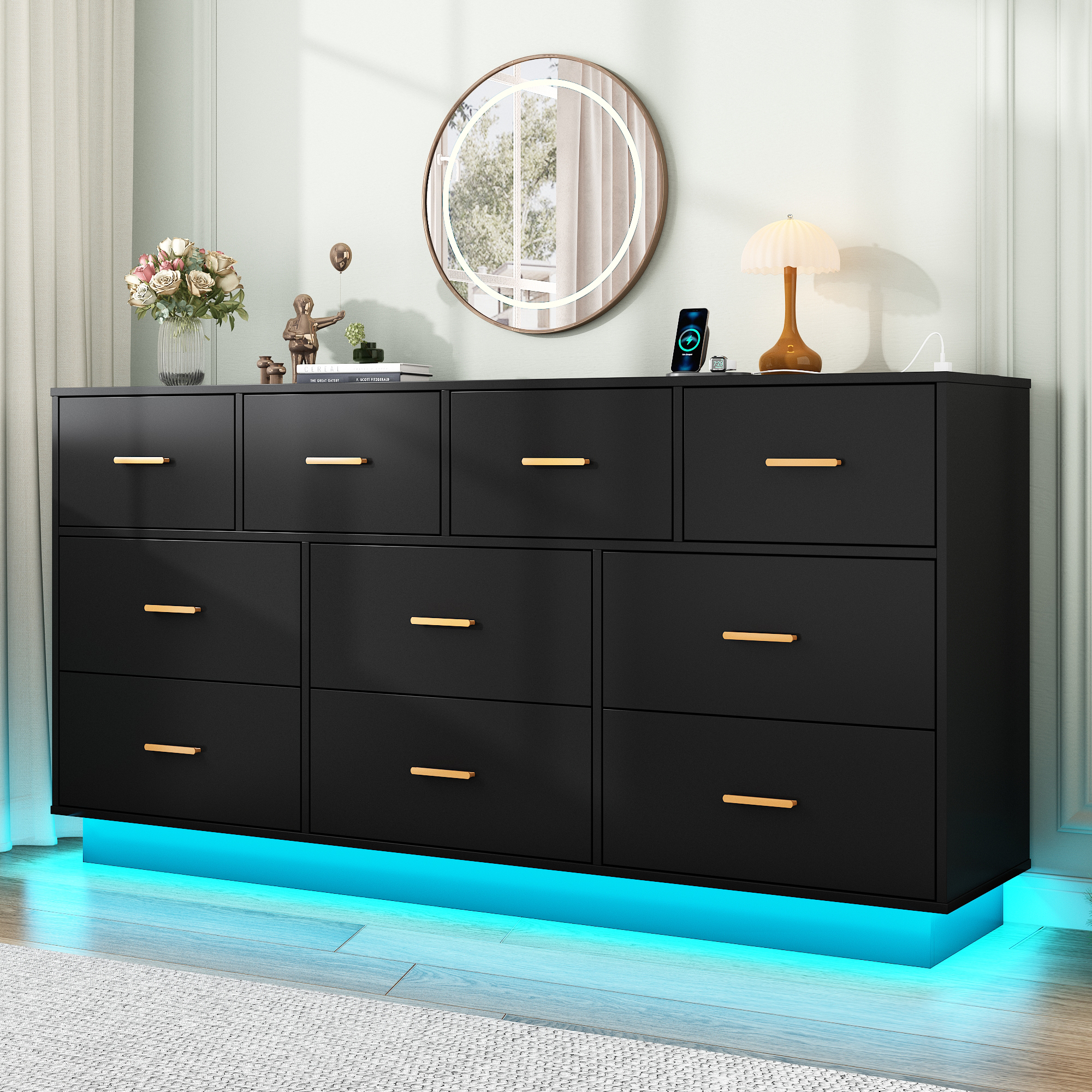 Blotout 10 Drawers Dresser w/Power Outlet, 60000 Colors Lights, 63''Long Wooden Dresser Chest w/Anti-toppling Design, Metal Handles Dresser for Living Room, Hallway, Entryway, Bedroom