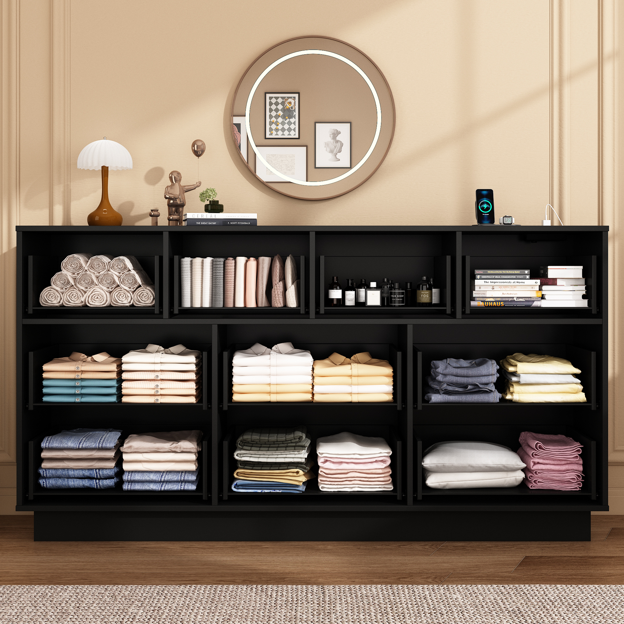 Blotout 10 Drawers Dresser w/Power Outlet, 60000 Colors Lights, 63''Long Wooden Dresser Chest w/Anti-toppling Design, Metal Handles Dresser for Living Room, Hallway, Entryway, Bedroom