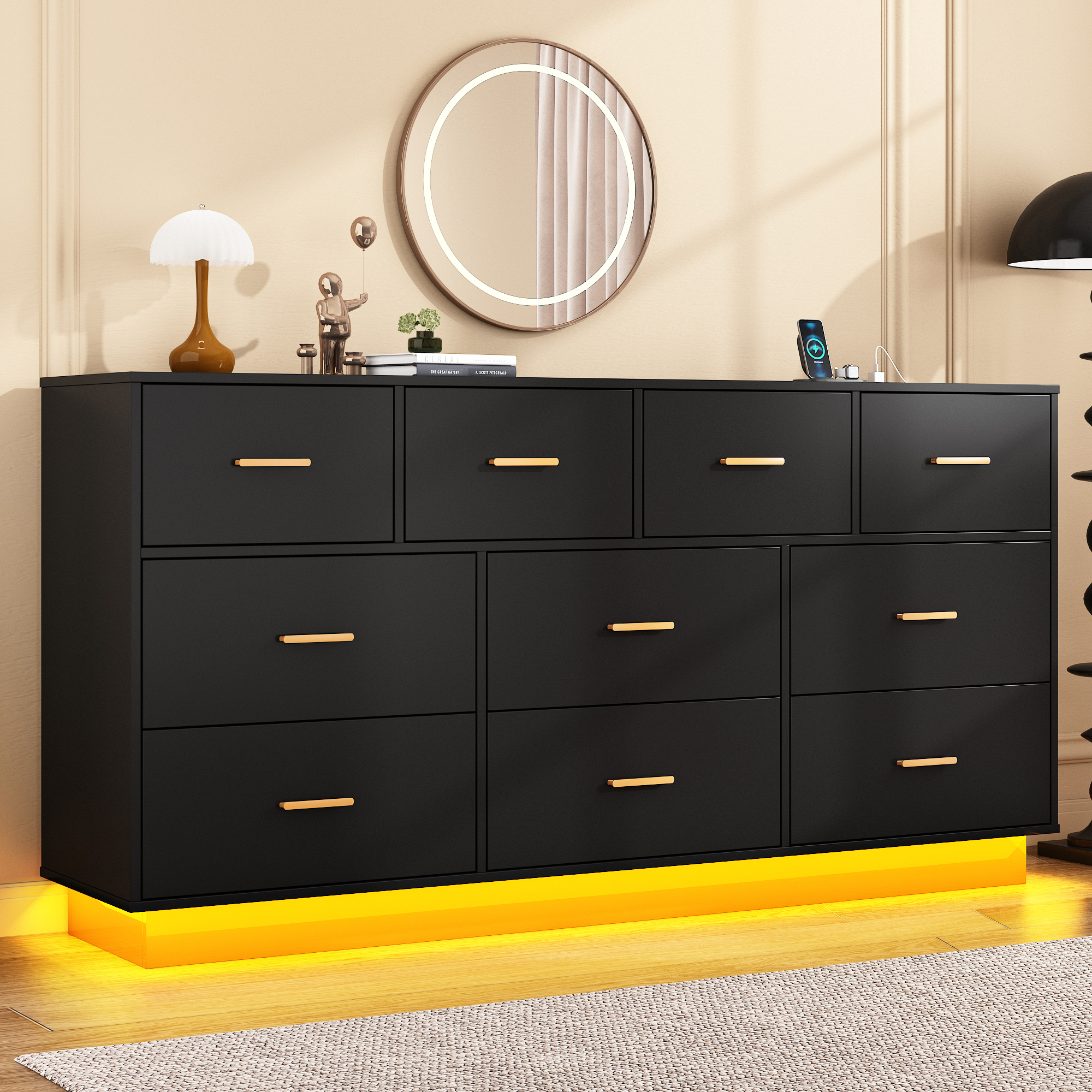Blotout 10 Drawers Dresser w/Power Outlet, 60000 Colors Lights, 63''Long Wooden Dresser Chest w/Anti-toppling Design, Metal Handles Dresser for Living Room, Hallway, Entryway, Bedroom