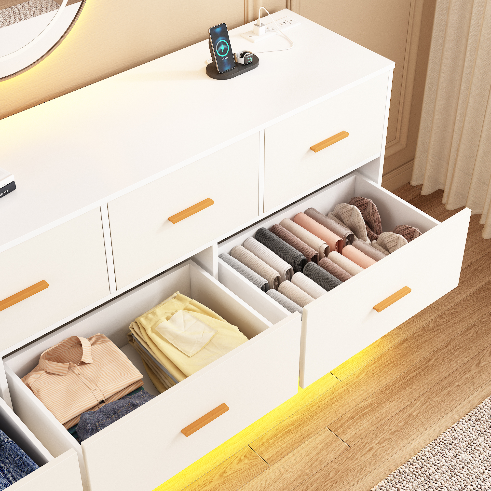 Blotout 10 Drawers Dresser w/Power Outlet, 60000 Colors Lights, 63''Long Wooden Dresser Chest w/Anti-toppling Design, Metal Handles Dresser for Living Room, Hallway, Entryway, Bedroom