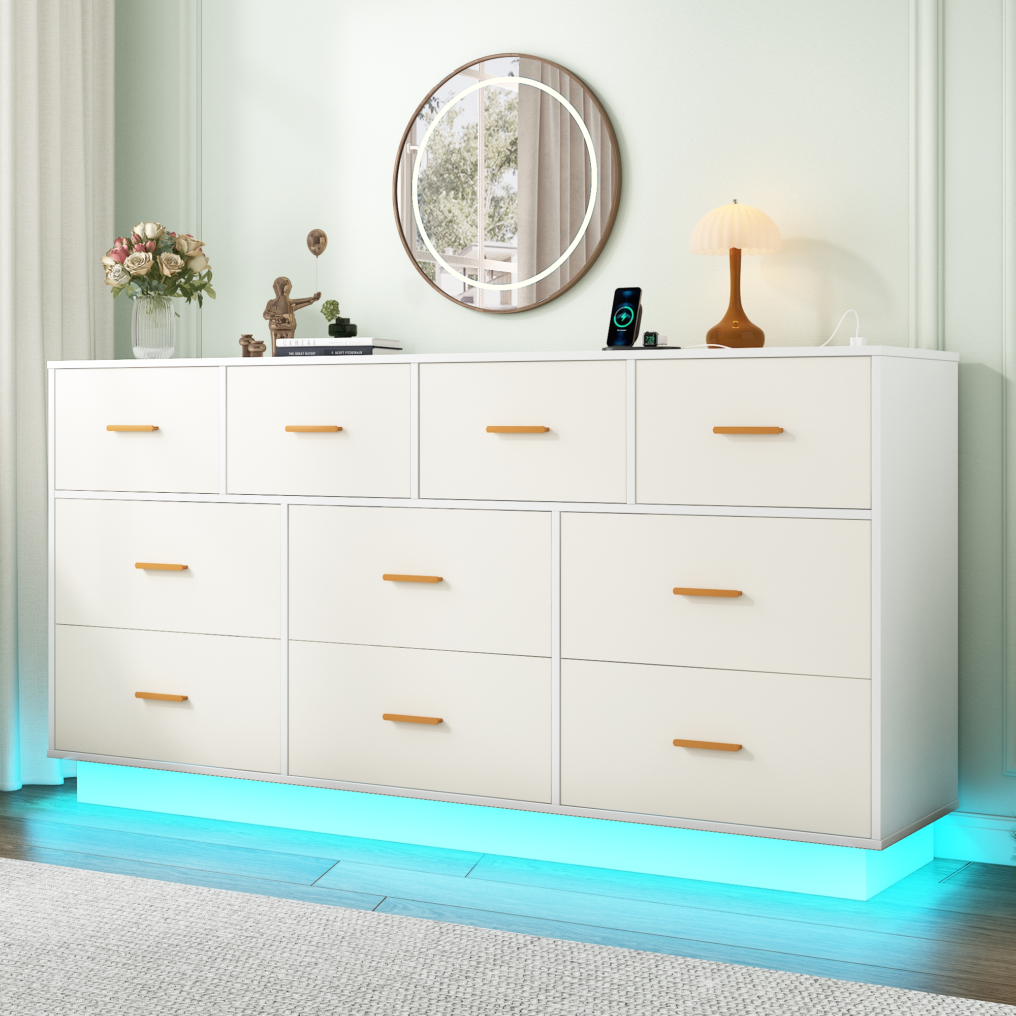 Blotout 10 Drawers Dresser w/Power Outlet, 60000 Colors Lights, 63''Long Wooden Dresser Chest w/Anti-toppling Design, Metal Handles Dresser for Living Room, Hallway, Entryway, Bedroom