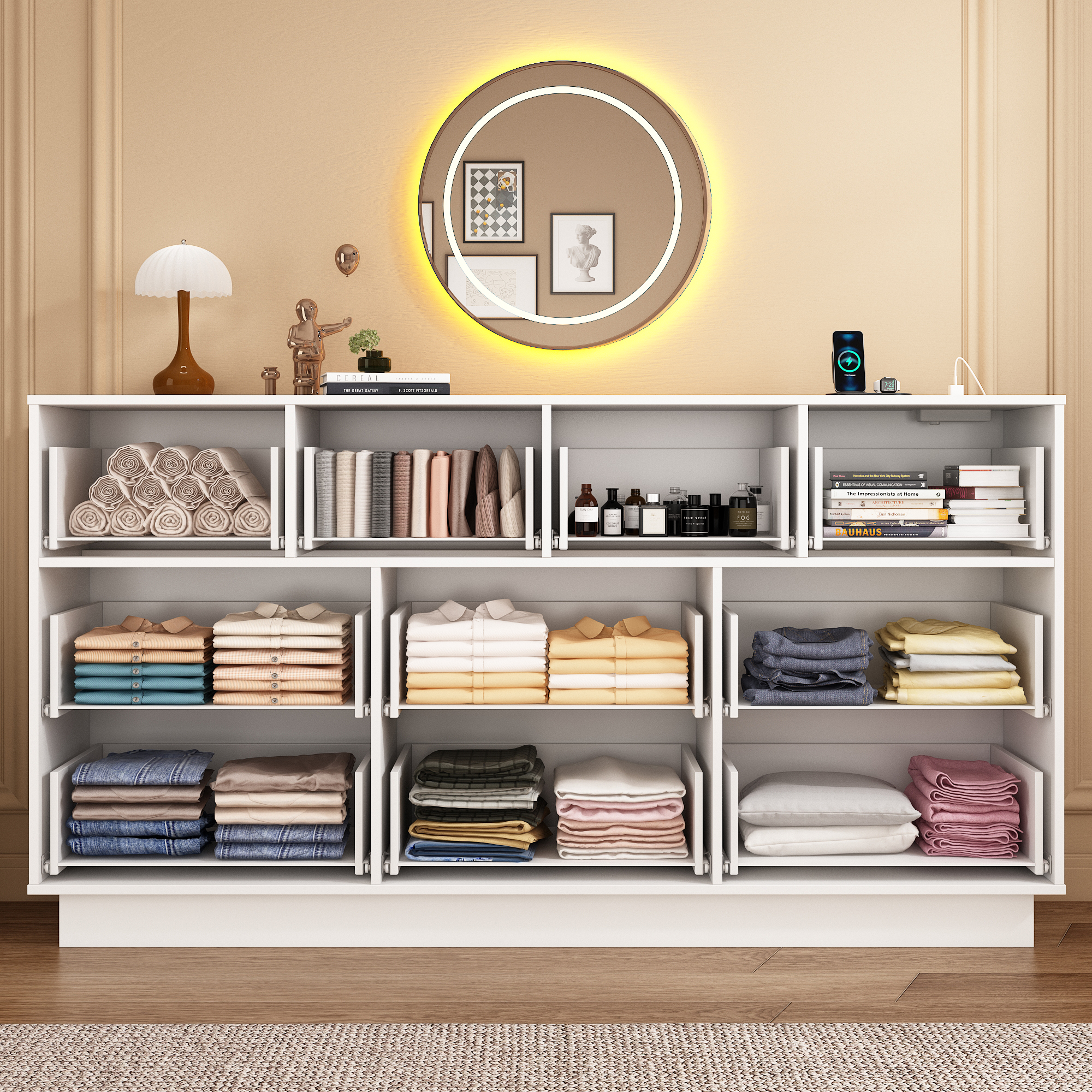 Blotout 10 Drawers Dresser w/Power Outlet, 60000 Colors Lights, 63''Long Wooden Dresser Chest w/Anti-toppling Design, Metal Handles Dresser for Living Room, Hallway, Entryway, Bedroom