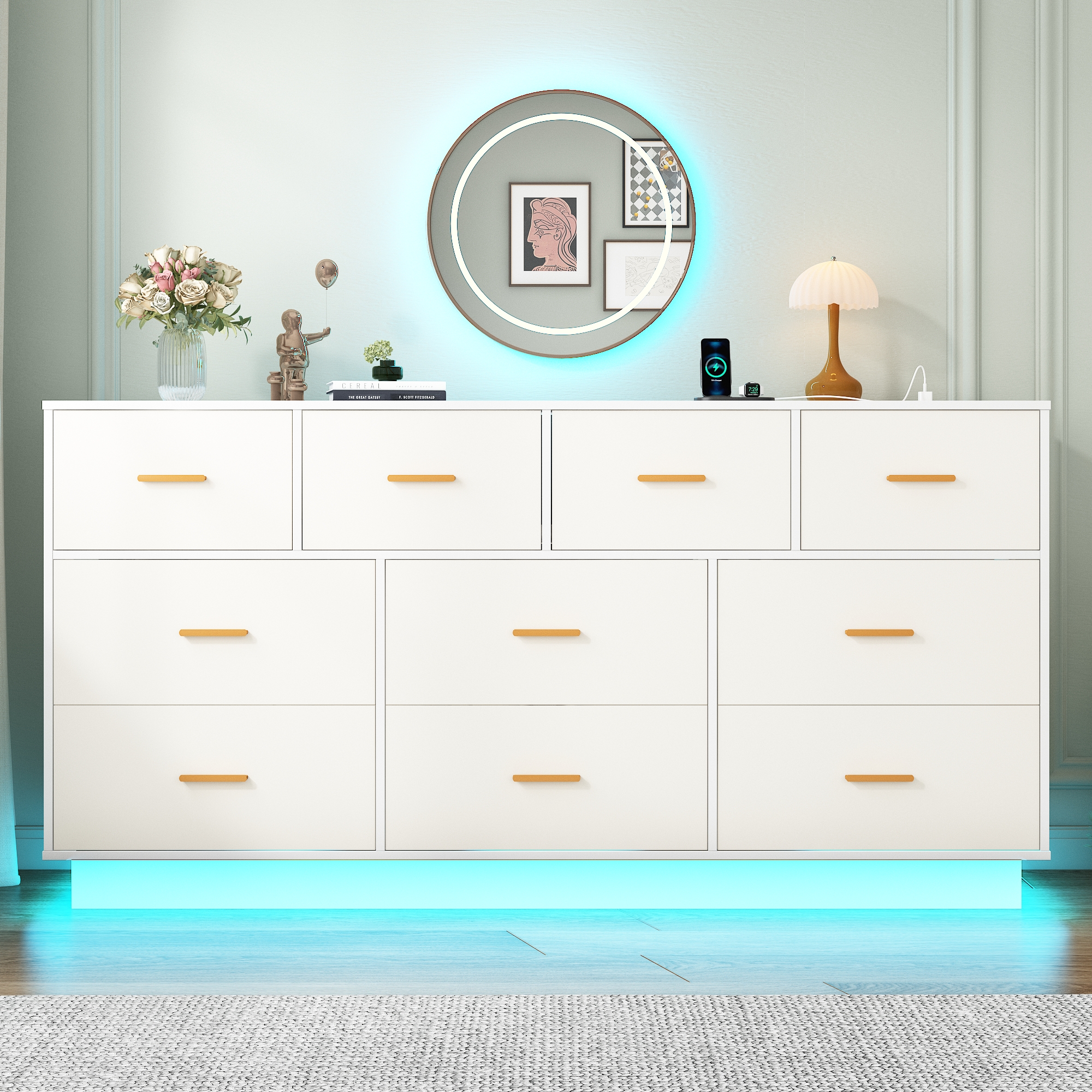 Blotout 10 Drawers Dresser w/Power Outlet, 60000 Colors Lights, 63''Long Wooden Dresser Chest w/Anti-toppling Design, Metal Handles Dresser for Living Room, Hallway, Entryway, Bedroom