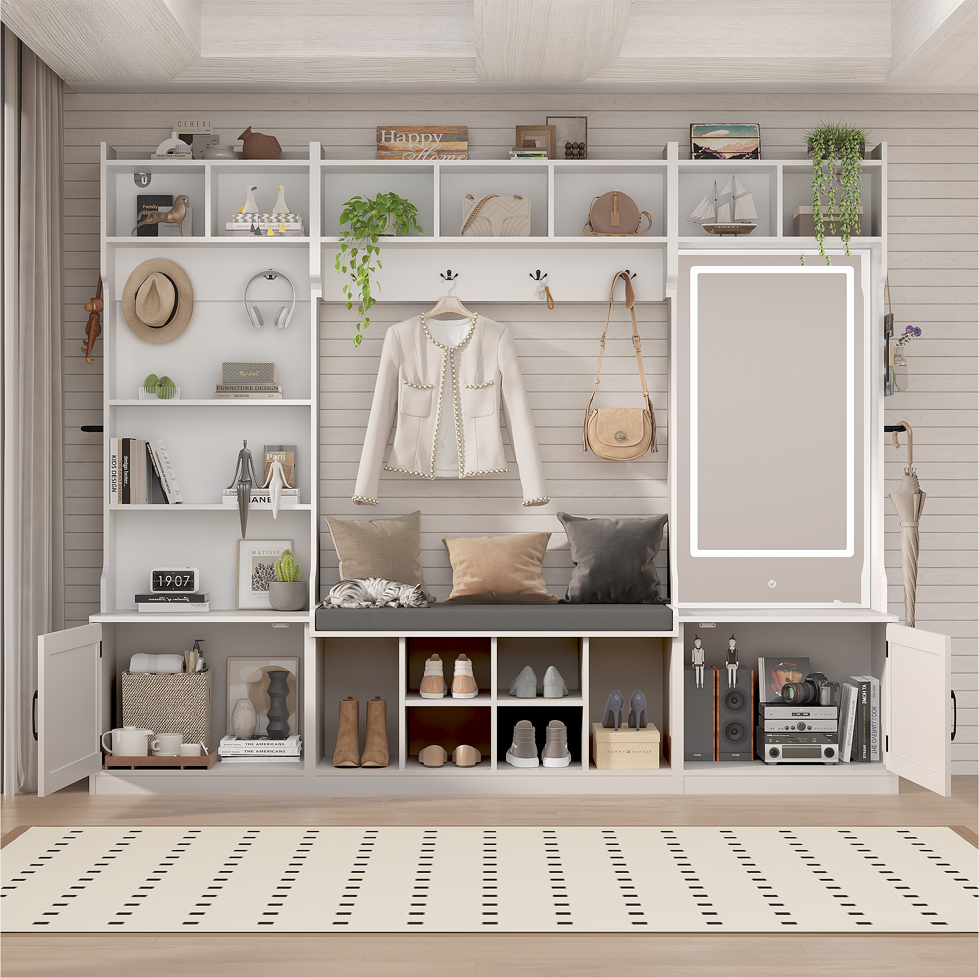 86.6'' Wide LED Farmhouse Hall Tree with Bench and Shoe Storage, Entryway Bench with Coat Rack, 3-Color LED Mirror, Shoe Shelves & Umbrella Holder, Extra-Large Mudroom/Hallway Storage