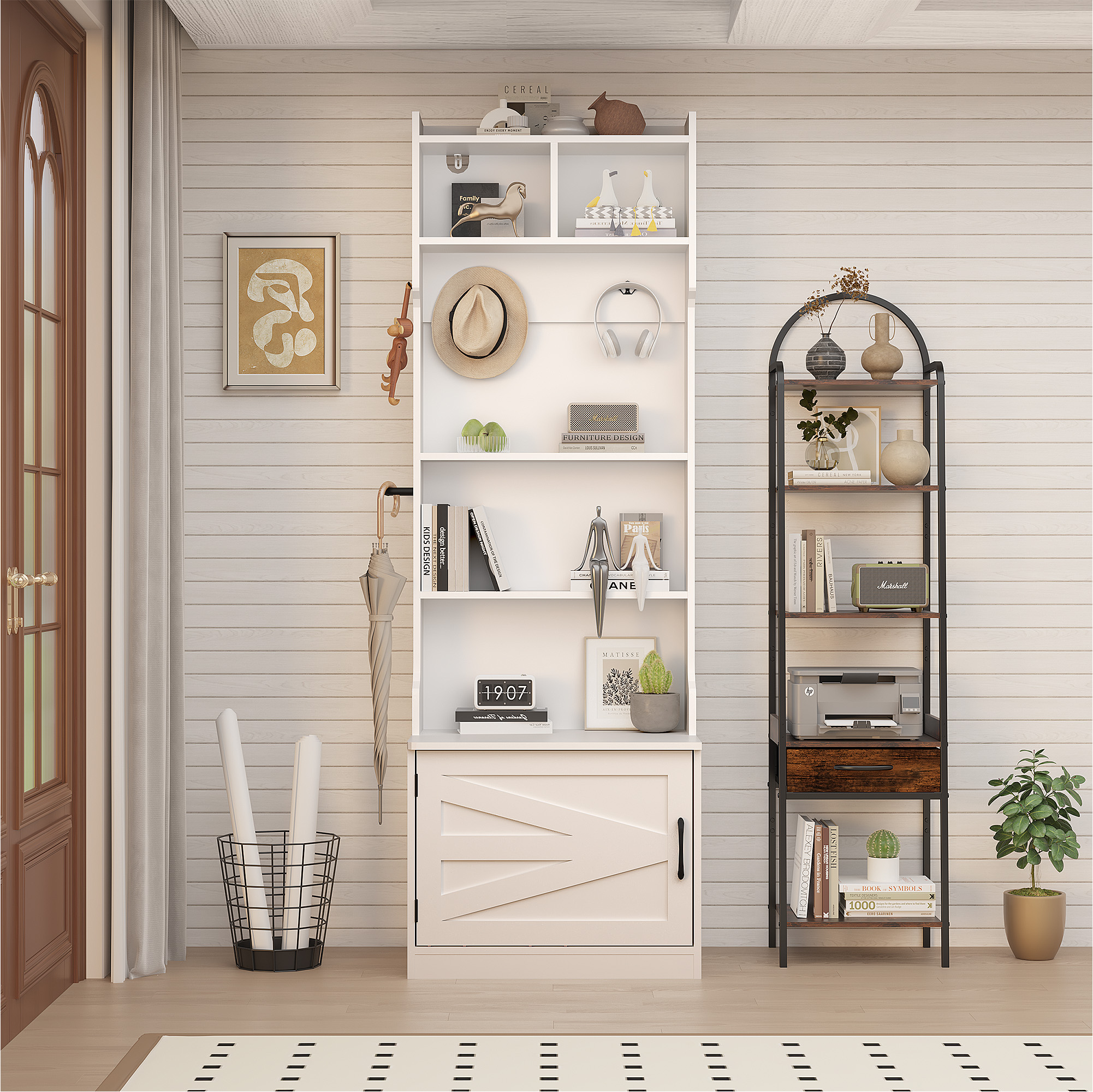 86.6'' Wide LED Farmhouse Hall Tree with Bench and Shoe Storage, Entryway Bench with Coat Rack, 3-Color LED Mirror, Shoe Shelves & Umbrella Holder, Extra-Large Mudroom/Hallway Storage