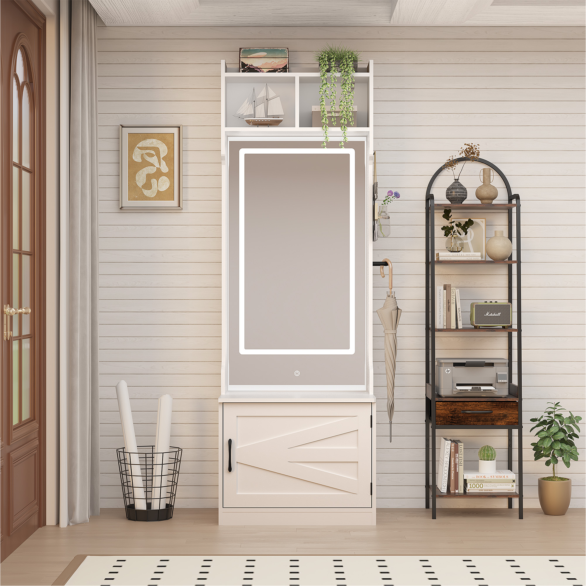 86.6'' Wide LED Farmhouse Hall Tree with Bench and Shoe Storage, Entryway Bench with Coat Rack, 3-Color LED Mirror, Shoe Shelves & Umbrella Holder, Extra-Large Mudroom/Hallway Storage