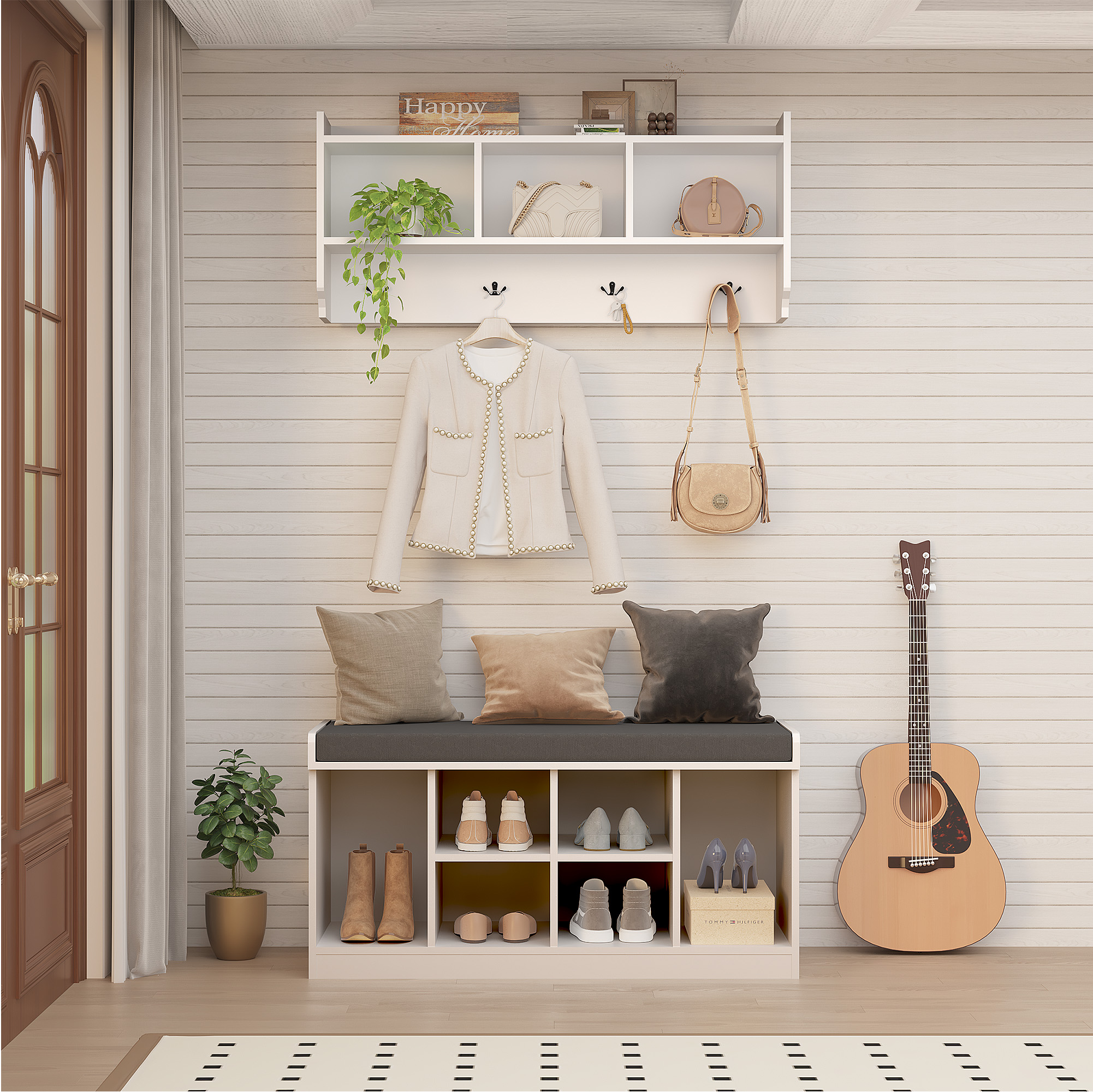 86.6'' Wide LED Farmhouse Hall Tree with Bench and Shoe Storage, Entryway Bench with Coat Rack, 3-Color LED Mirror, Shoe Shelves & Umbrella Holder, Extra-Large Mudroom/Hallway Storage