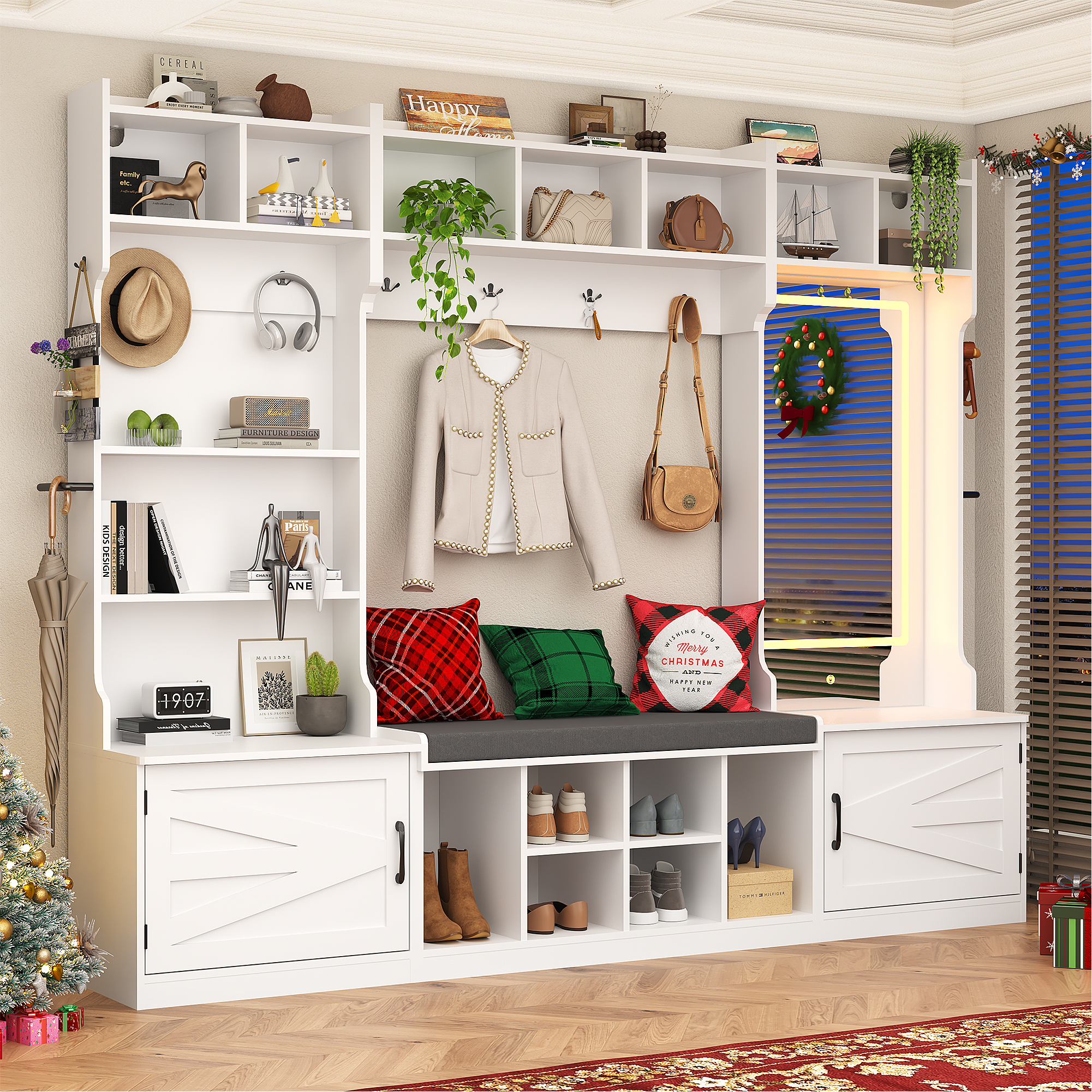 86.6'' Wide LED Farmhouse Hall Tree with Bench and Shoe Storage, Entryway Bench with Coat Rack, 3-Color LED Mirror, Shoe Shelves & Umbrella Holder, Extra-Large Mudroom/Hallway Storage