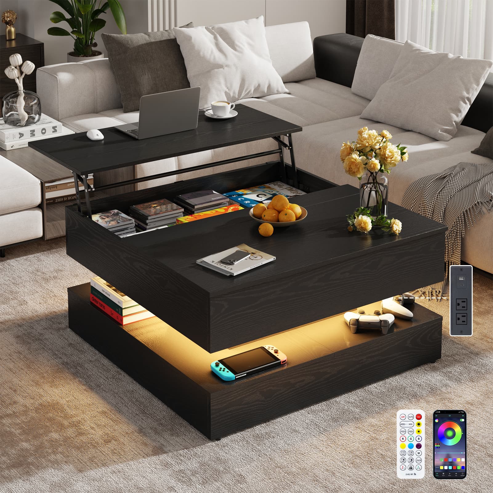 35" Lift Top Coffee Table with Flip Lid Storage