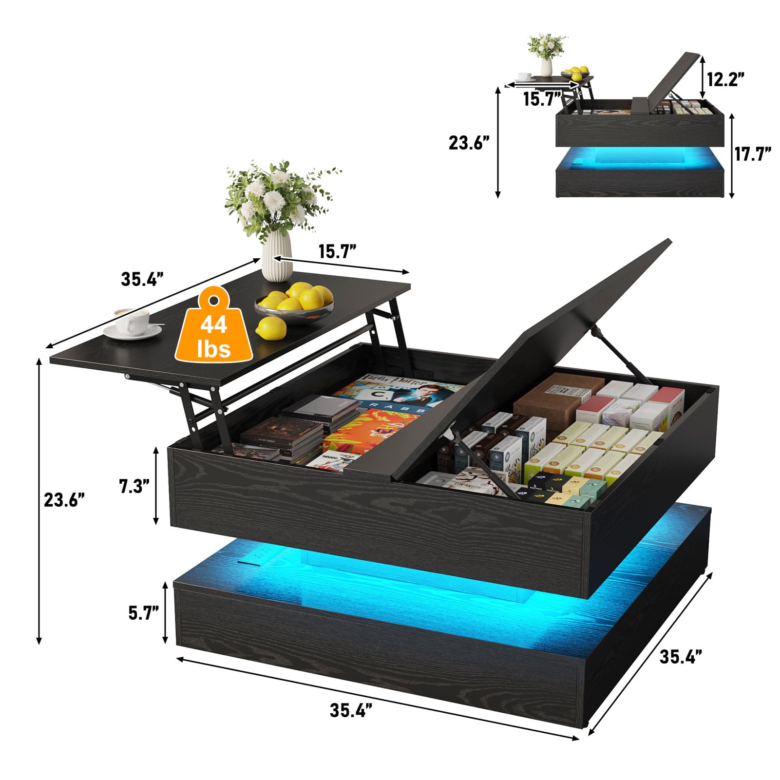 35" Lift Top Coffee Table with Flip Lid Storage