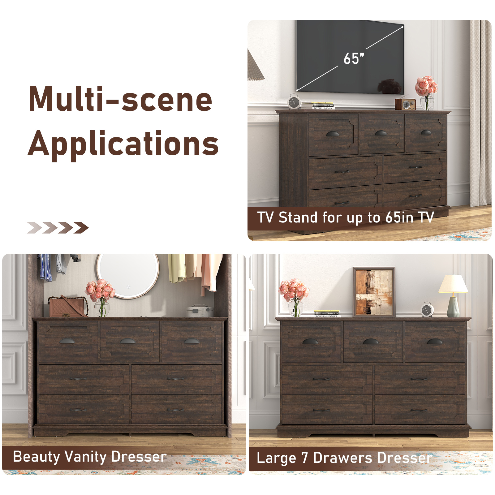 Blotout 55" Large Long Drawer Dresser with Deep Drawers, Farmhouse 7 Drawer Dresser for Bedroom, Wide Wood Chest of Drawers with Power Outlets
