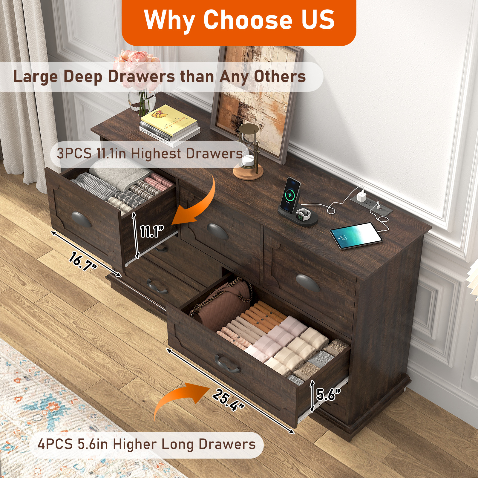 Blotout 55" Large Long Drawer Dresser with Deep Drawers, Farmhouse 7 Drawer Dresser for Bedroom, Wide Wood Chest of Drawers with Power Outlets