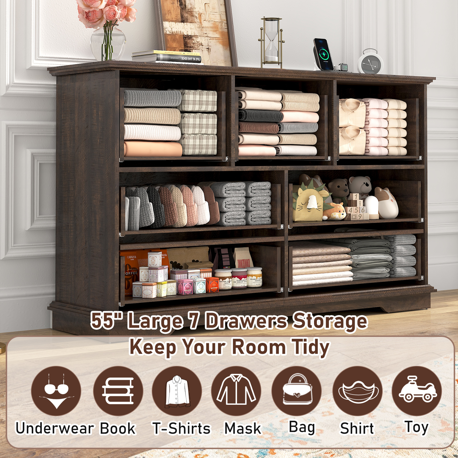 Blotout 55" Large Long Drawer Dresser with Deep Drawers, Farmhouse 7 Drawer Dresser for Bedroom, Wide Wood Chest of Drawers with Power Outlets