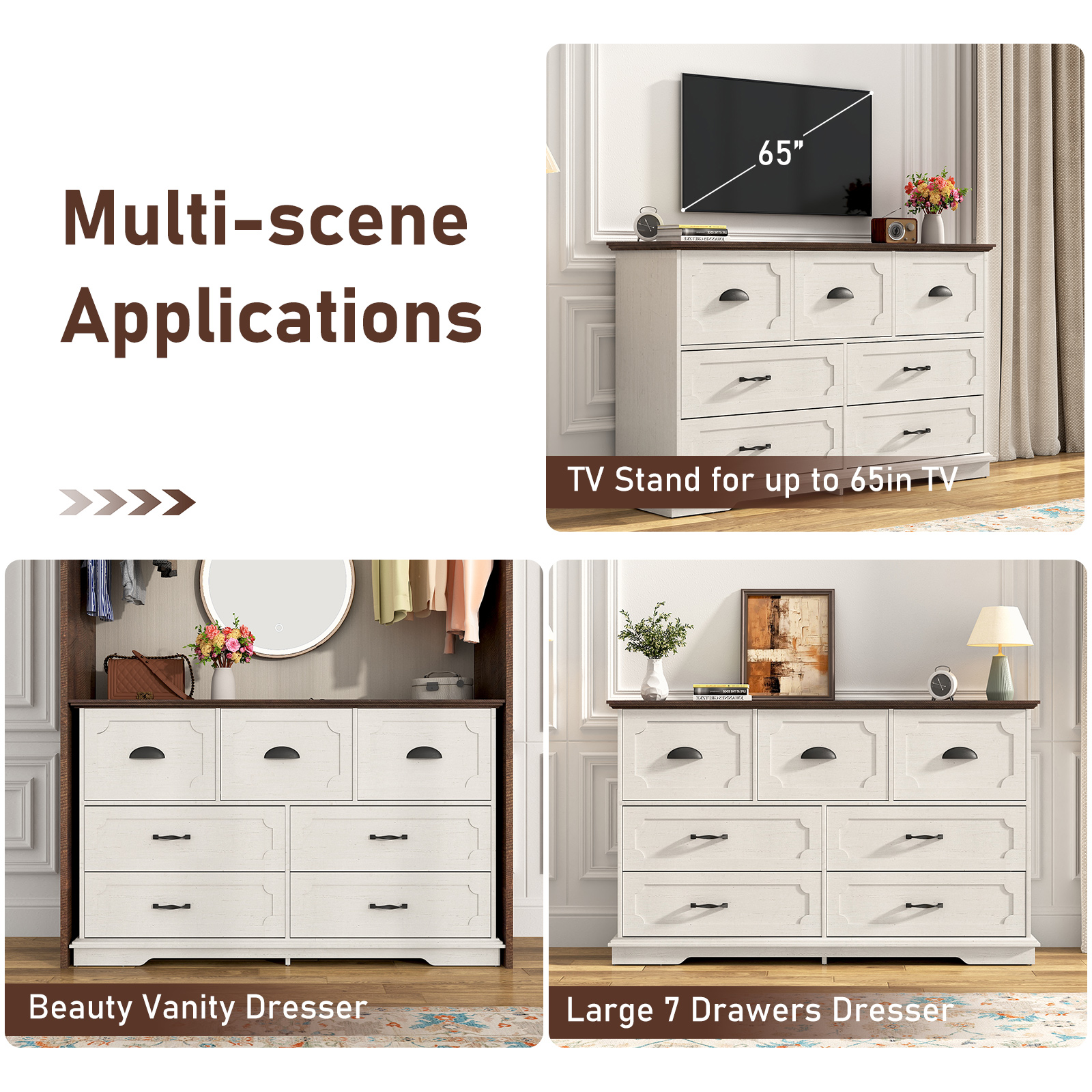 Blotout 55" Large Long Drawer Dresser with Deep Drawers, Farmhouse 7 Drawer Dresser for Bedroom, Wide Wood Chest of Drawers with Power Outlets