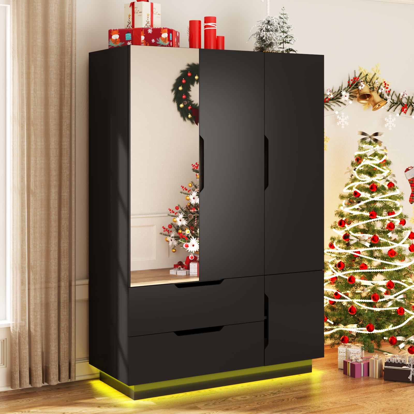 Blotout 3 Door Wardrobe Closet with Mirror & LED Lights, Bedroom Armoire with 2 Drawers and Multi-Layer Shelves , Modern Wooden Armoire Wardrobe Closet with Hanging Rod for Bedroom