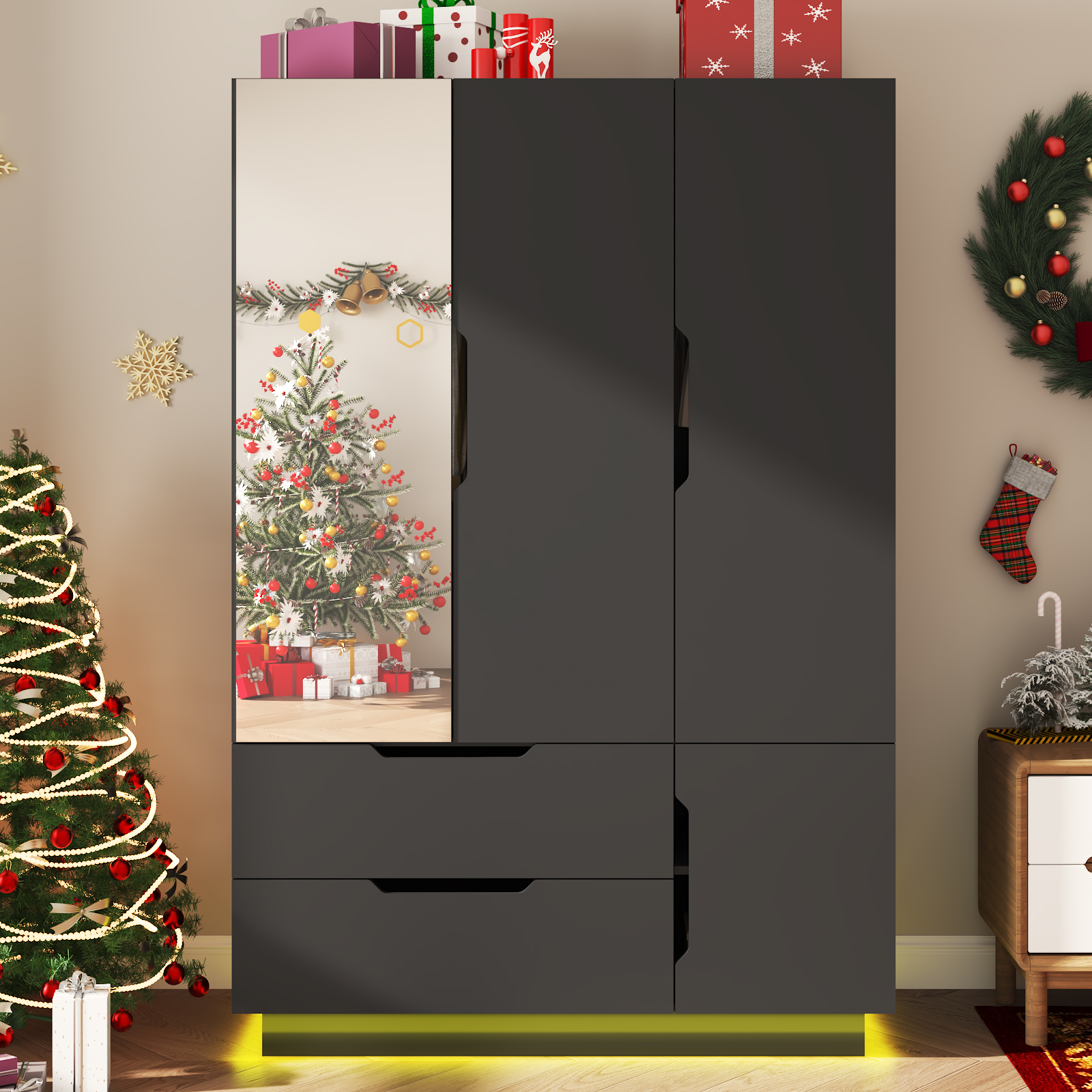 Blotout 3 Door Wardrobe Closet with Mirror & LED Lights, Bedroom Armoire with 2 Drawers and Multi-Layer Shelves , Modern Wooden Armoire Wardrobe Closet with Hanging Rod for Bedroom