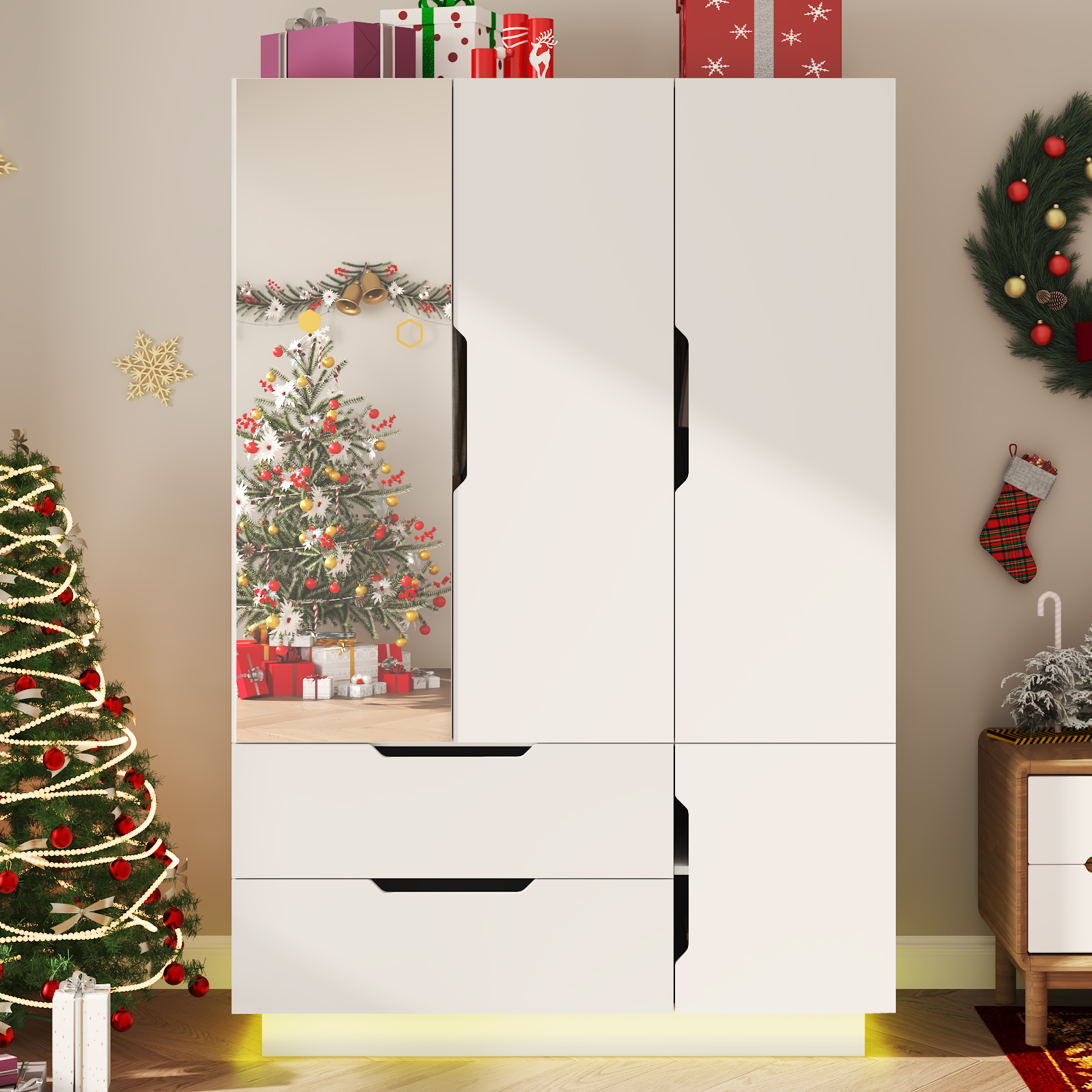 Blotout 3 Door Wardrobe Closet with Mirror & LED Lights, Bedroom Armoire with 2 Drawers and Multi-Layer Shelves , Modern Wooden Armoire Wardrobe Closet with Hanging Rod for Bedroom