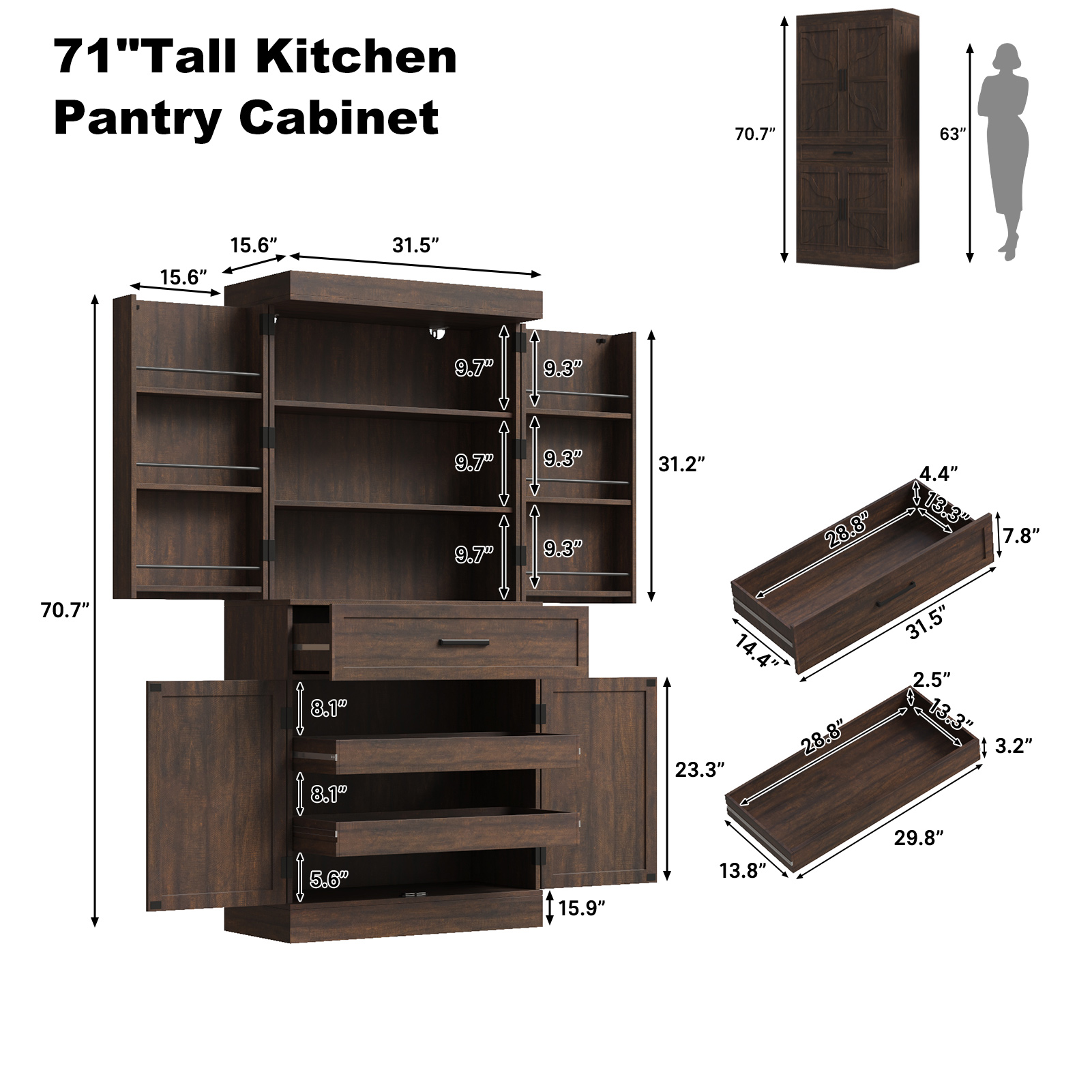 71" Tall Farmhouse Kitchen Pantry Cabinet with 6 Side Shelves & 1 Drawer,6 Layers Pantry Storage Cabinet with 4 Wood Doors for Kitchen, Dining Room, Living Room