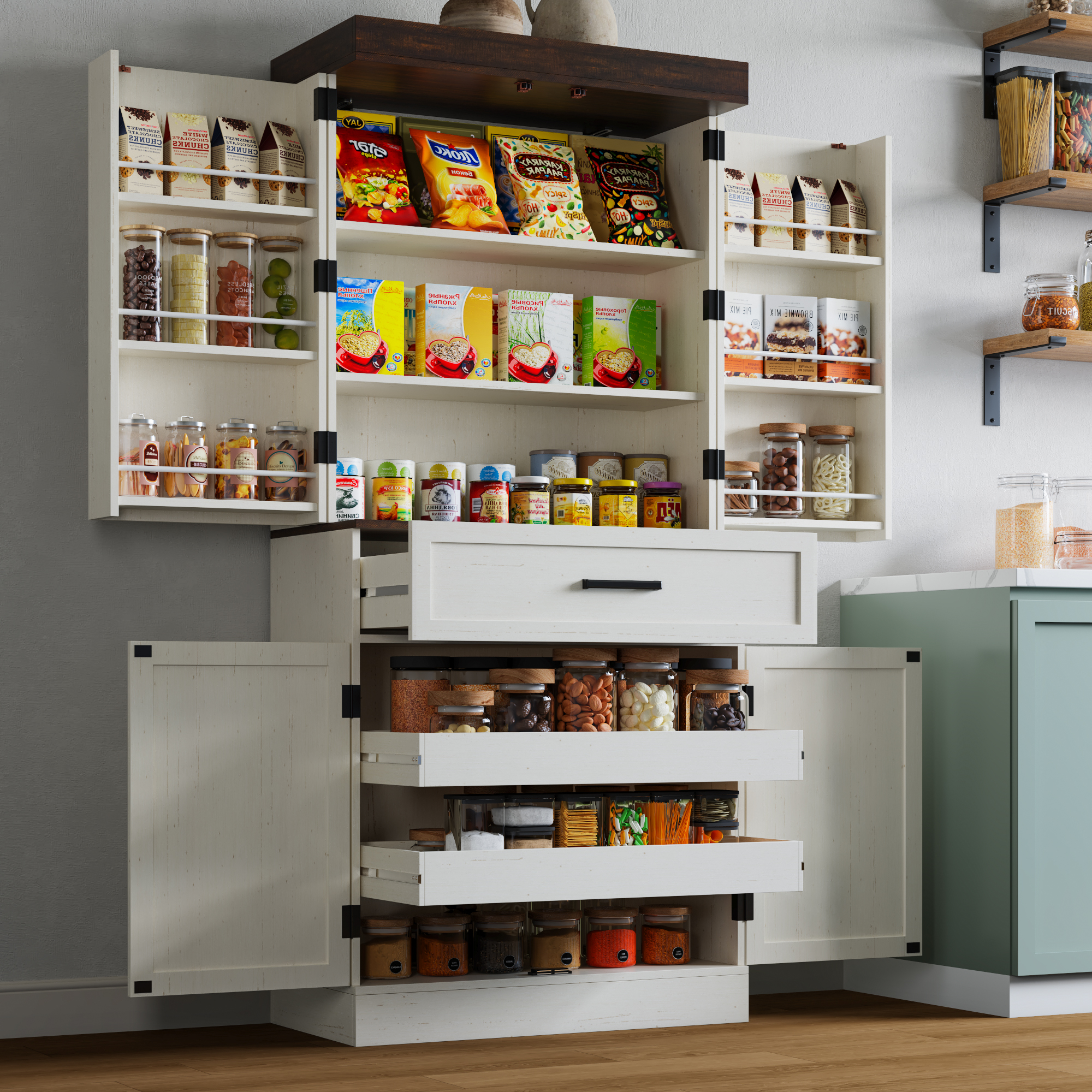 71" Tall Farmhouse Kitchen Pantry Cabinet with 6 Side Shelves & 1 Drawer,6 Layers Pantry Storage Cabinet with 4 Wood Doors for Kitchen, Dining Room, Living Room