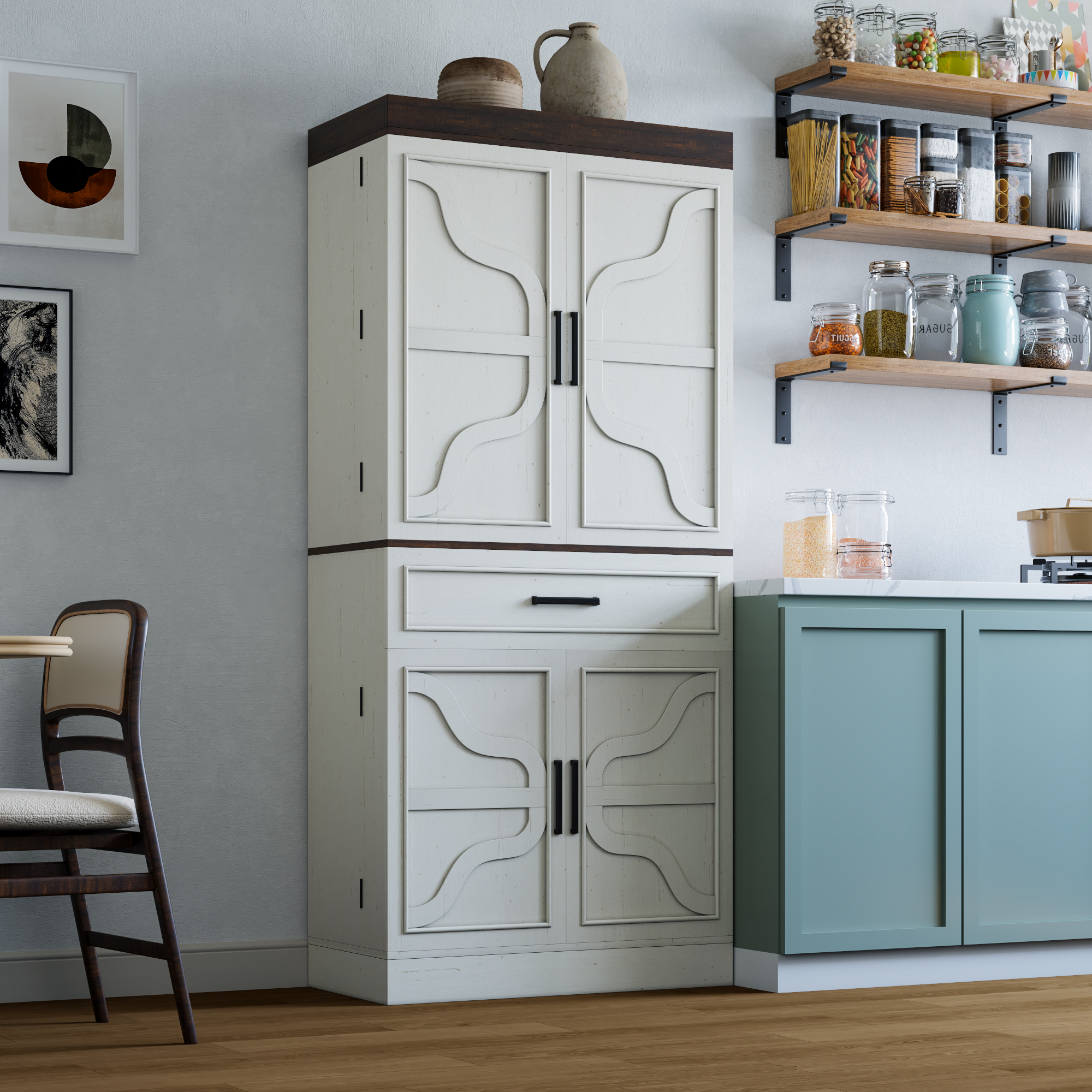 71" Tall Farmhouse Kitchen Pantry Cabinet with 6 Side Shelves & 1 Drawer,6 Layers Pantry Storage Cabinet with 4 Wood Doors for Kitchen, Dining Room, Living Room