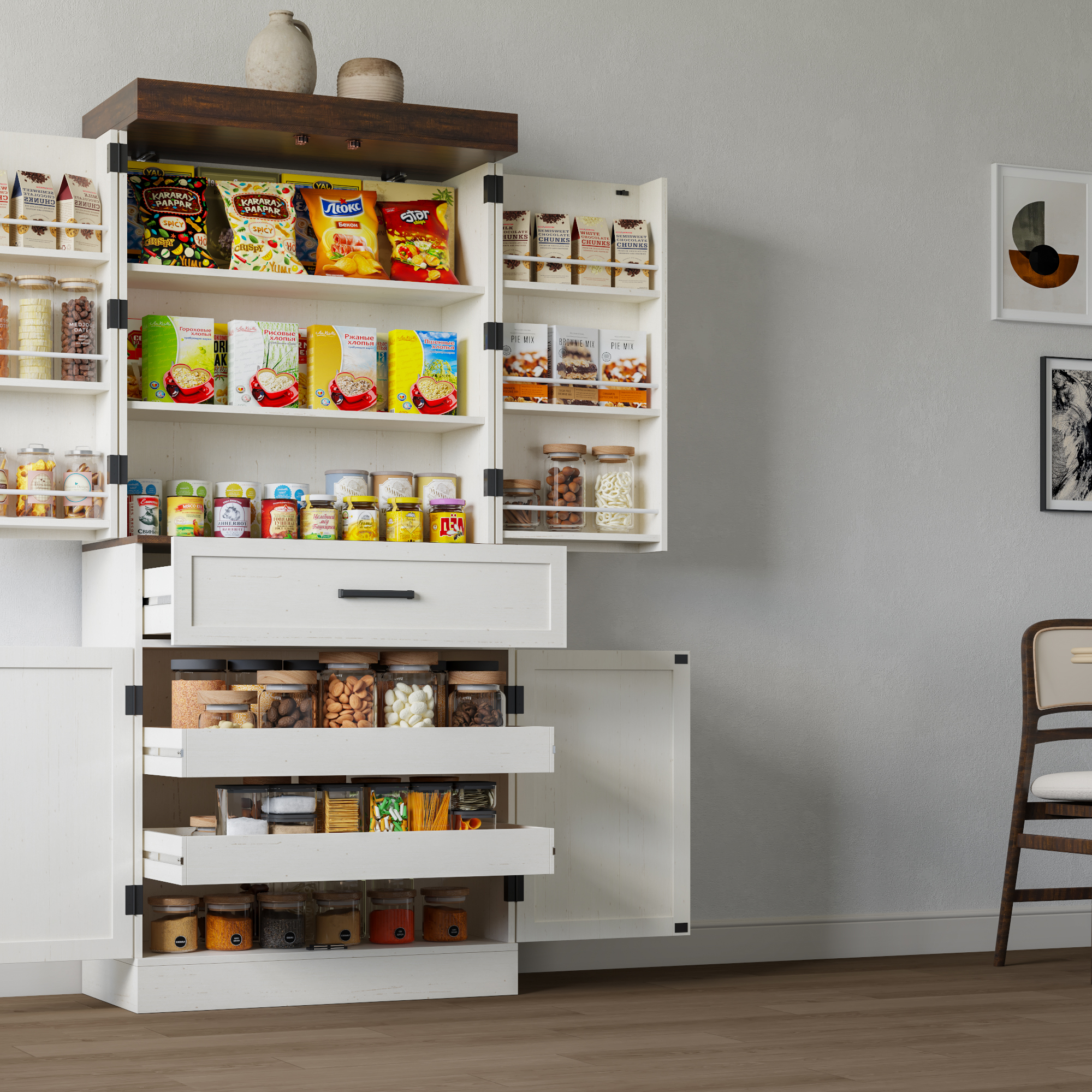 71" Tall Farmhouse Kitchen Pantry Cabinet with 6 Side Shelves & 1 Drawer,6 Layers Pantry Storage Cabinet with 4 Wood Doors for Kitchen, Dining Room, Living Room