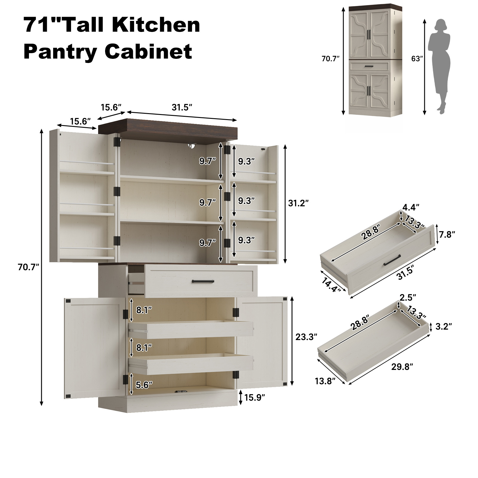 71" Tall Farmhouse Kitchen Pantry Cabinet with 6 Side Shelves & 1 Drawer,6 Layers Pantry Storage Cabinet with 4 Wood Doors for Kitchen, Dining Room, Living Room